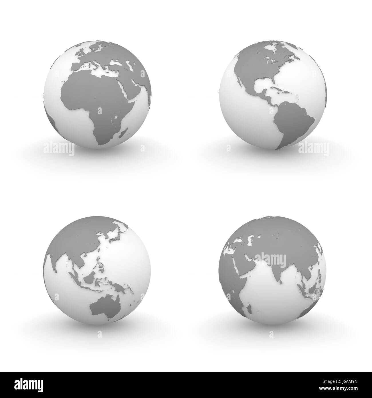 four globe planet earth world map atlas map of the world grey gray travel Stock Photo
