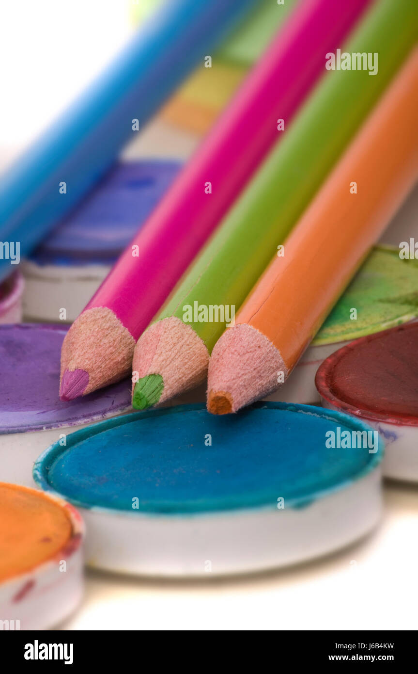 crayons and paint pots Stock Photo