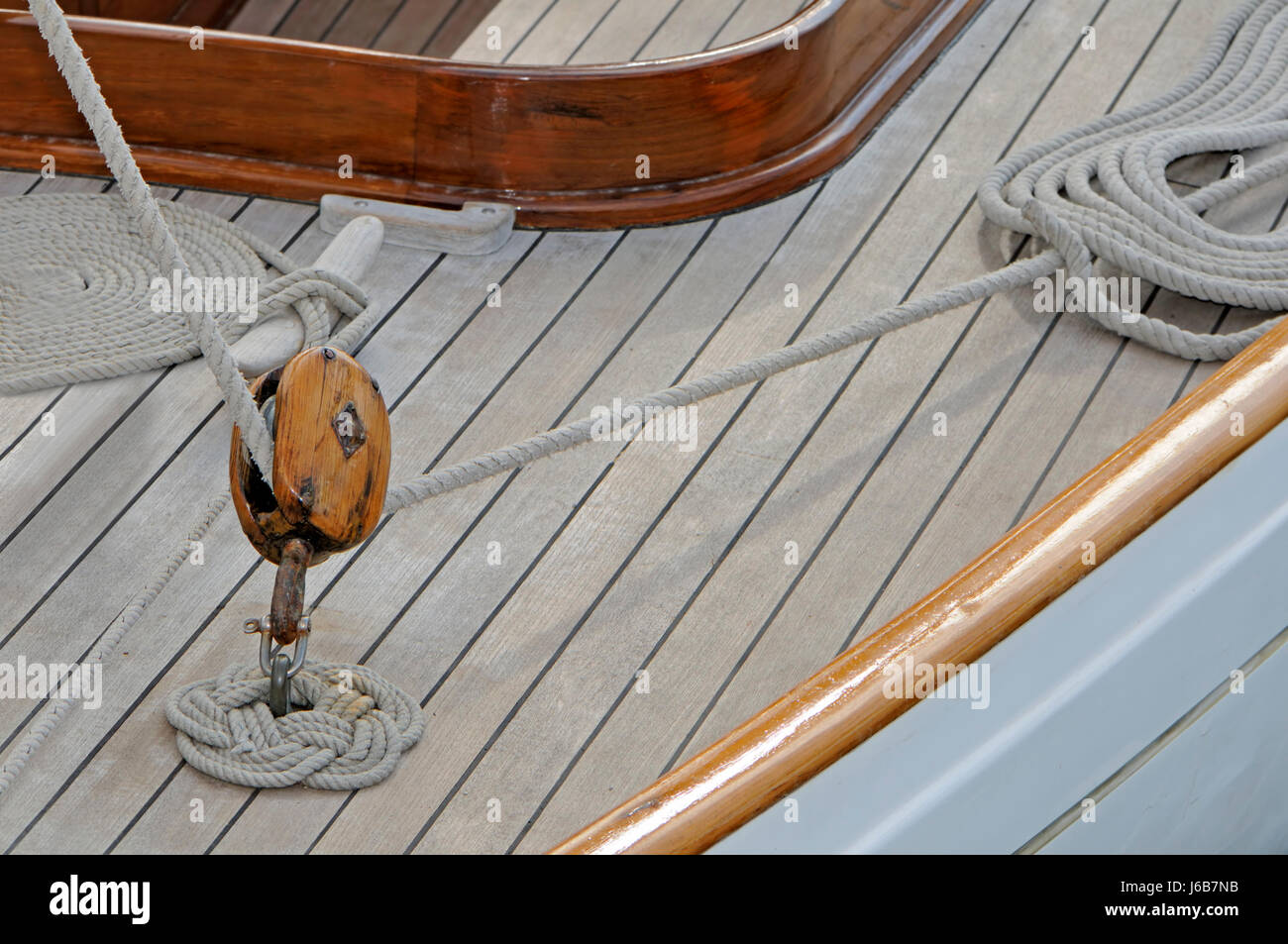 wood sailing boat sailboat boat nautical deck block rope pulley rowing boat Stock Photo Alamy