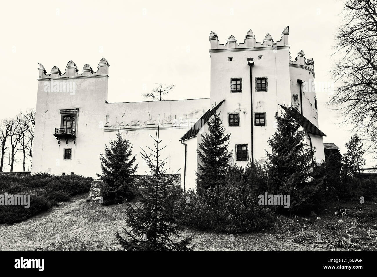 Beautiful chateau Strazky, Slovak republic. Cultural heritage. Architectural theme. Black and white photo. Stock Photo