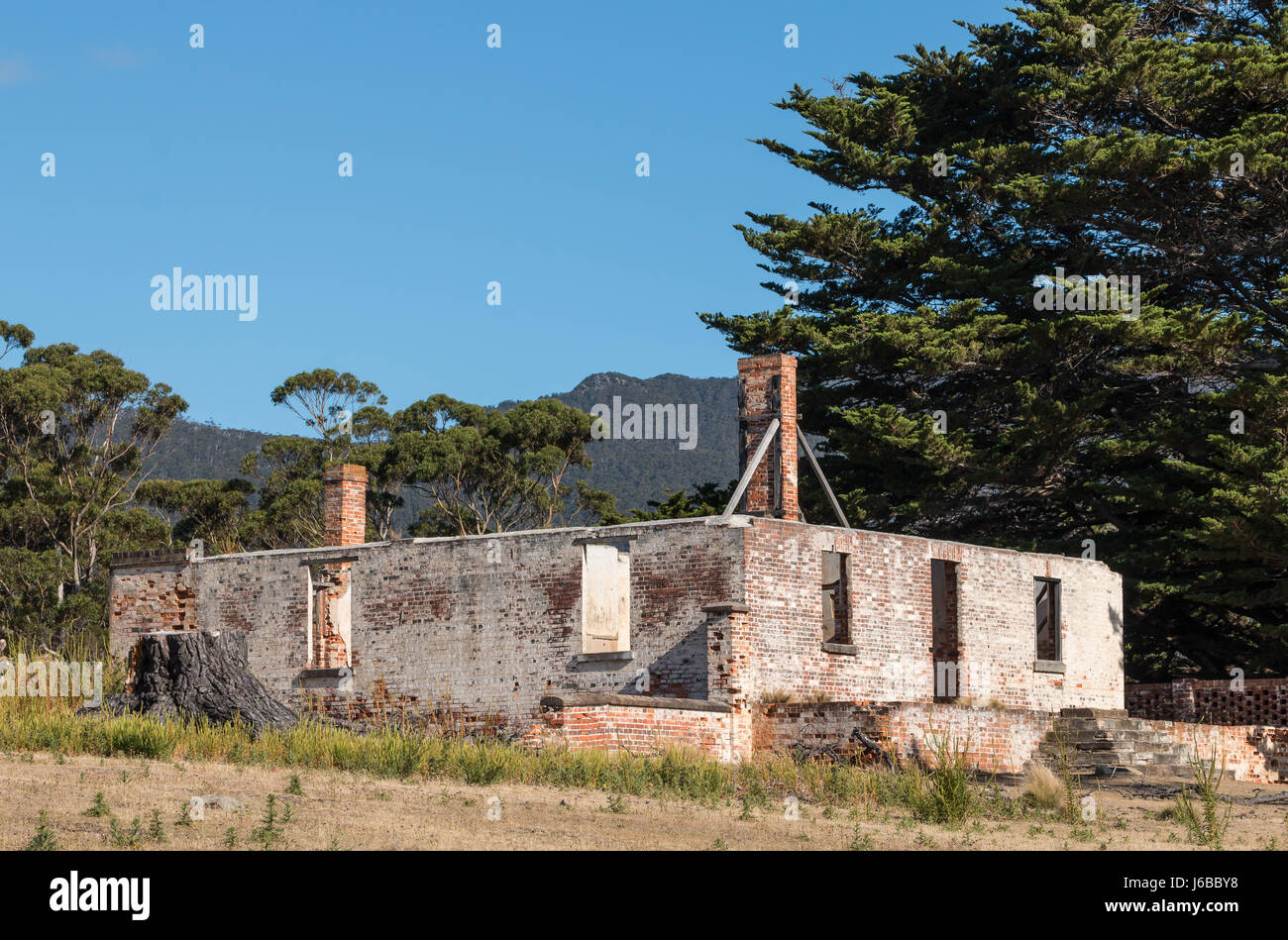 Ruined buildings are all that remains of the former convict colony on Maria Island, off Tasmania's East coast, Australia. Now a National Park. Stock Photo