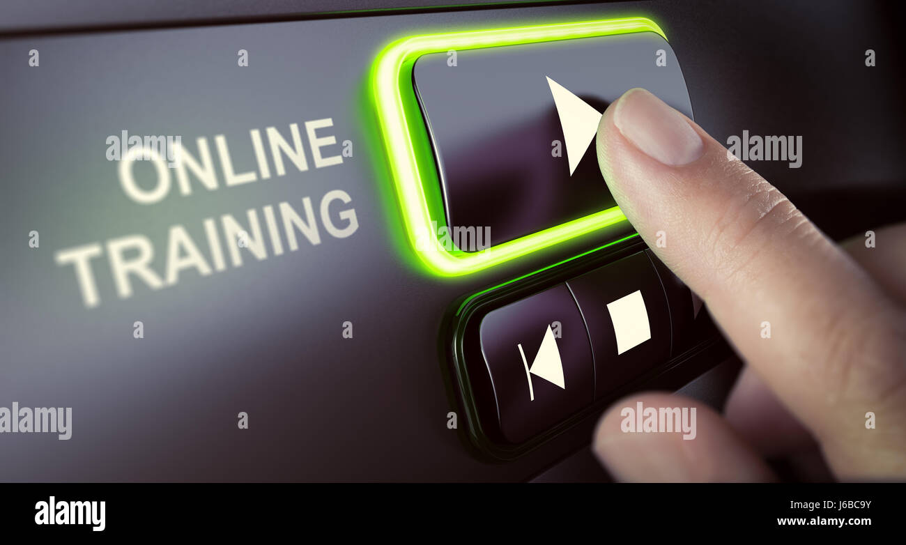 Finger pressing a push button to start playing a tutorial. Concept of online classes or training