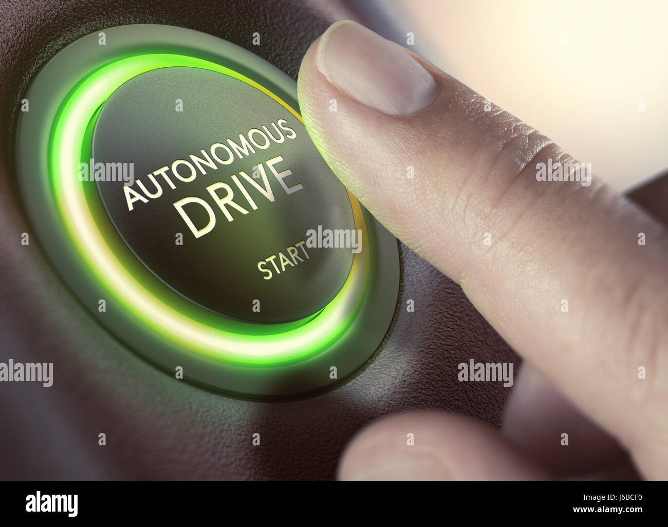 Finger pressing a push button to start a self-driving car. Composite image between a hand photography and a 3D background. Stock Photo