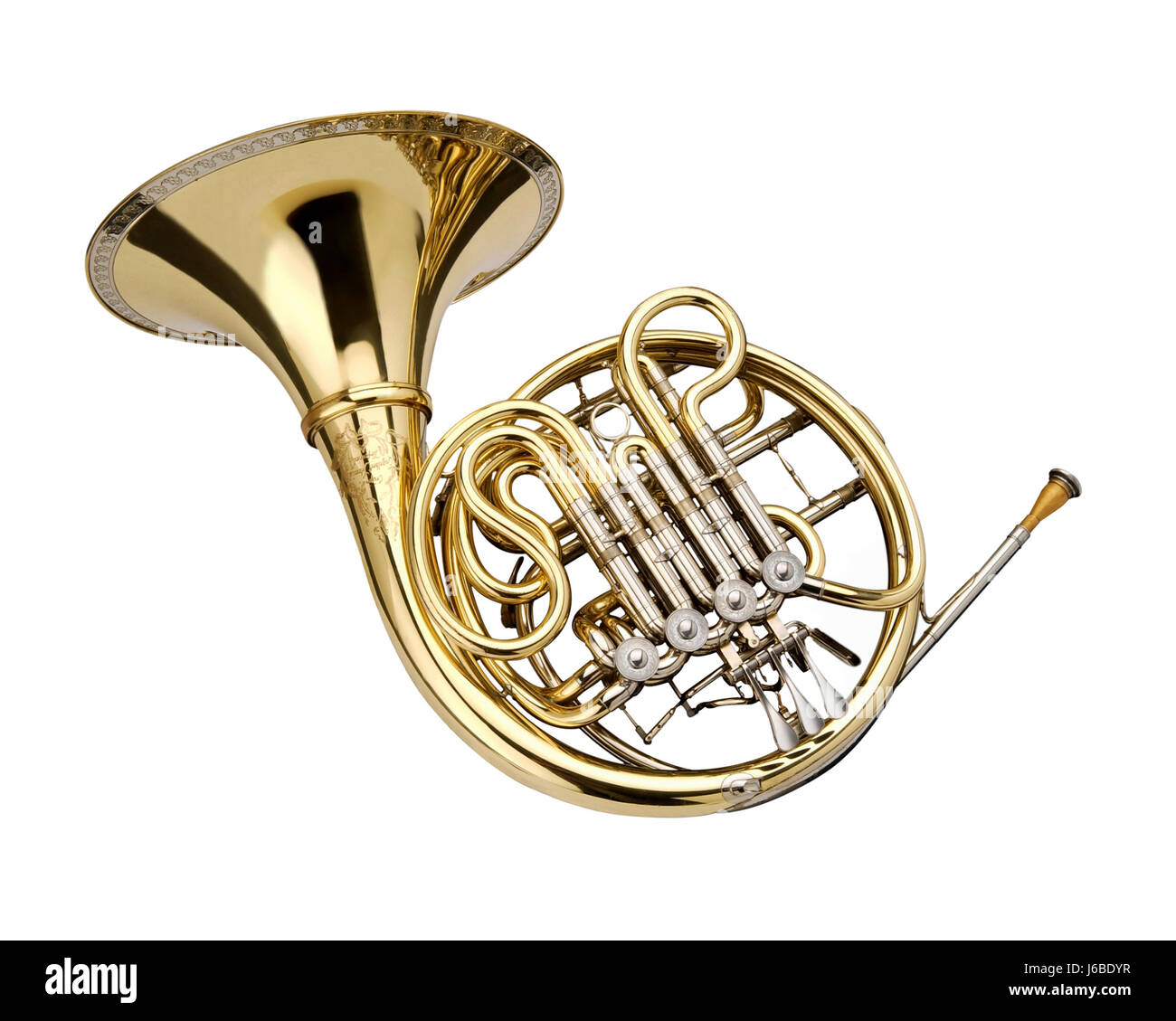 horn metal jazz orchestra bronze band music group gold art horn metal note Stock Photo