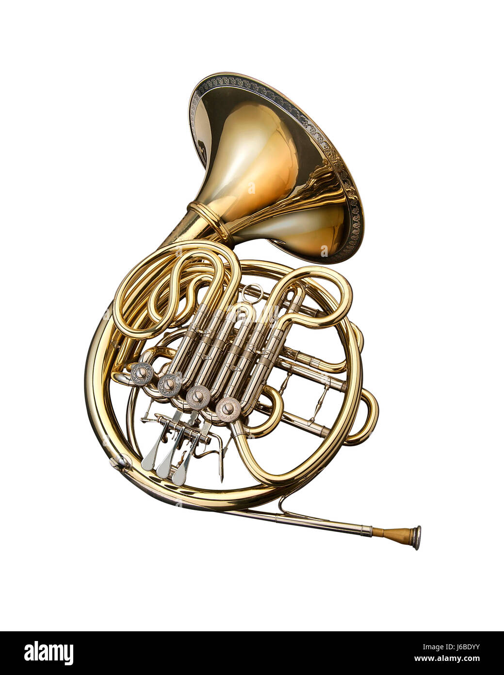 horn metal jazz orchestra bronze band music group gold art horn metal note Stock Photo