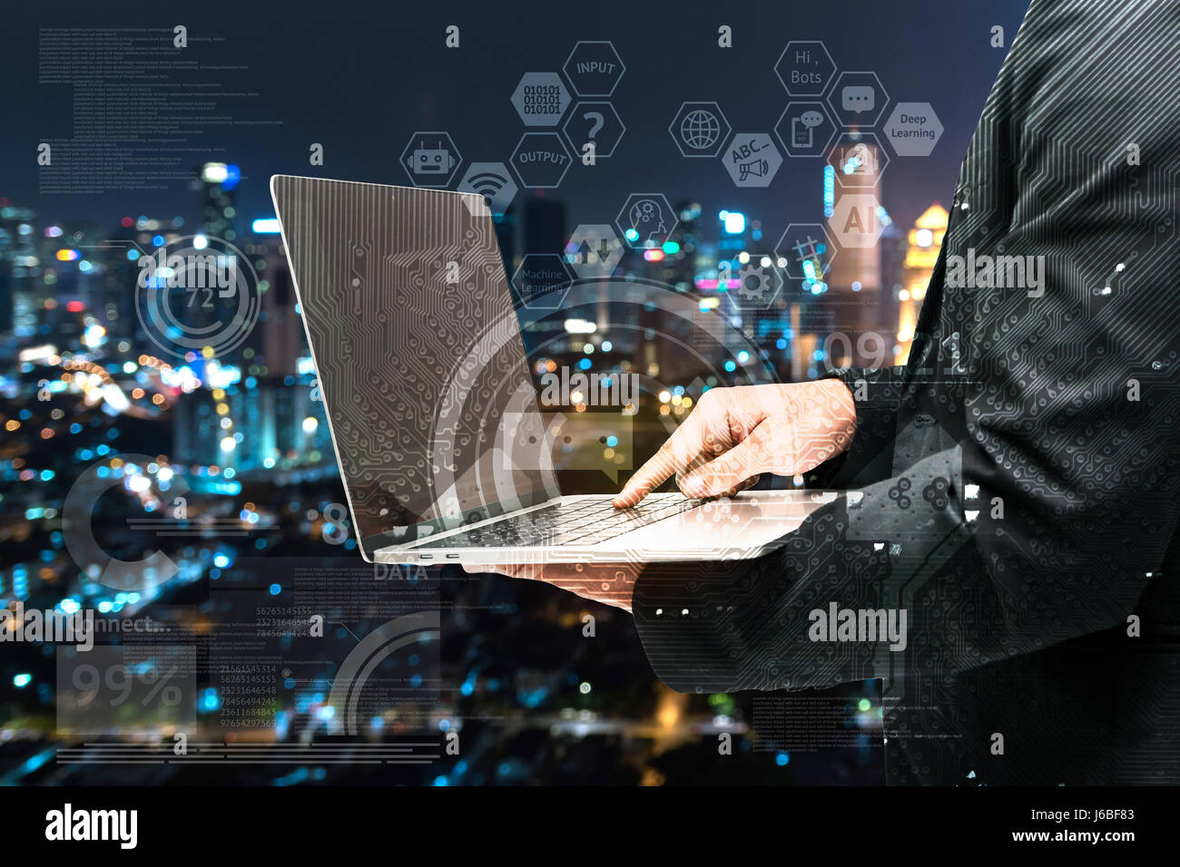 Chatbot and internet of things concept. Double exposure of Electric circuit graphic , technology chat bot icons. Business man suit hand holding to lap Stock Photo