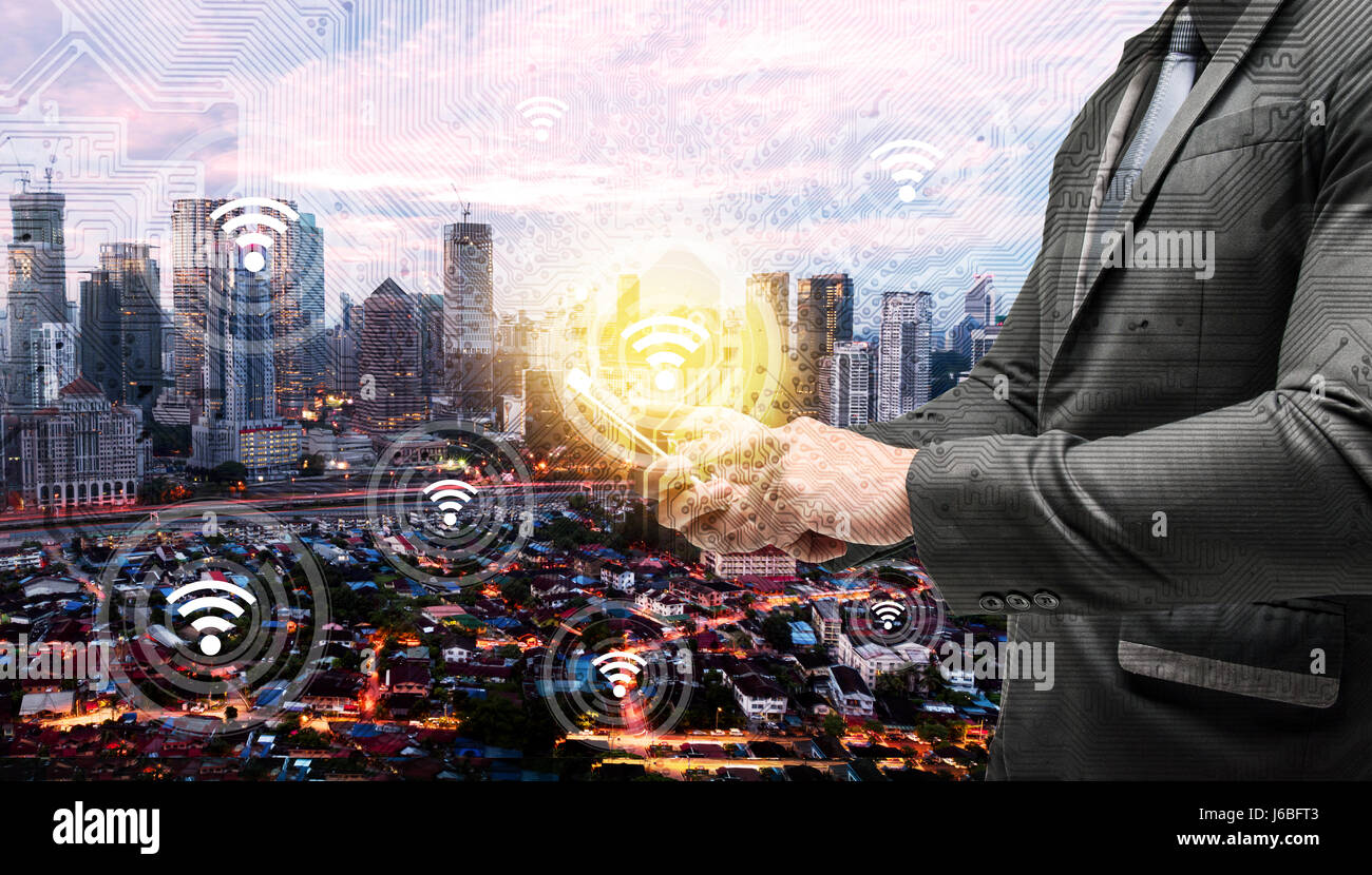 Internet of things concept. Double exposure of Electric circuit graphic ...