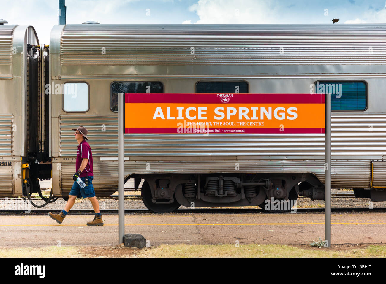 The famed Ghan train at Alice Springs railway station. Central Australia. Stock Photo