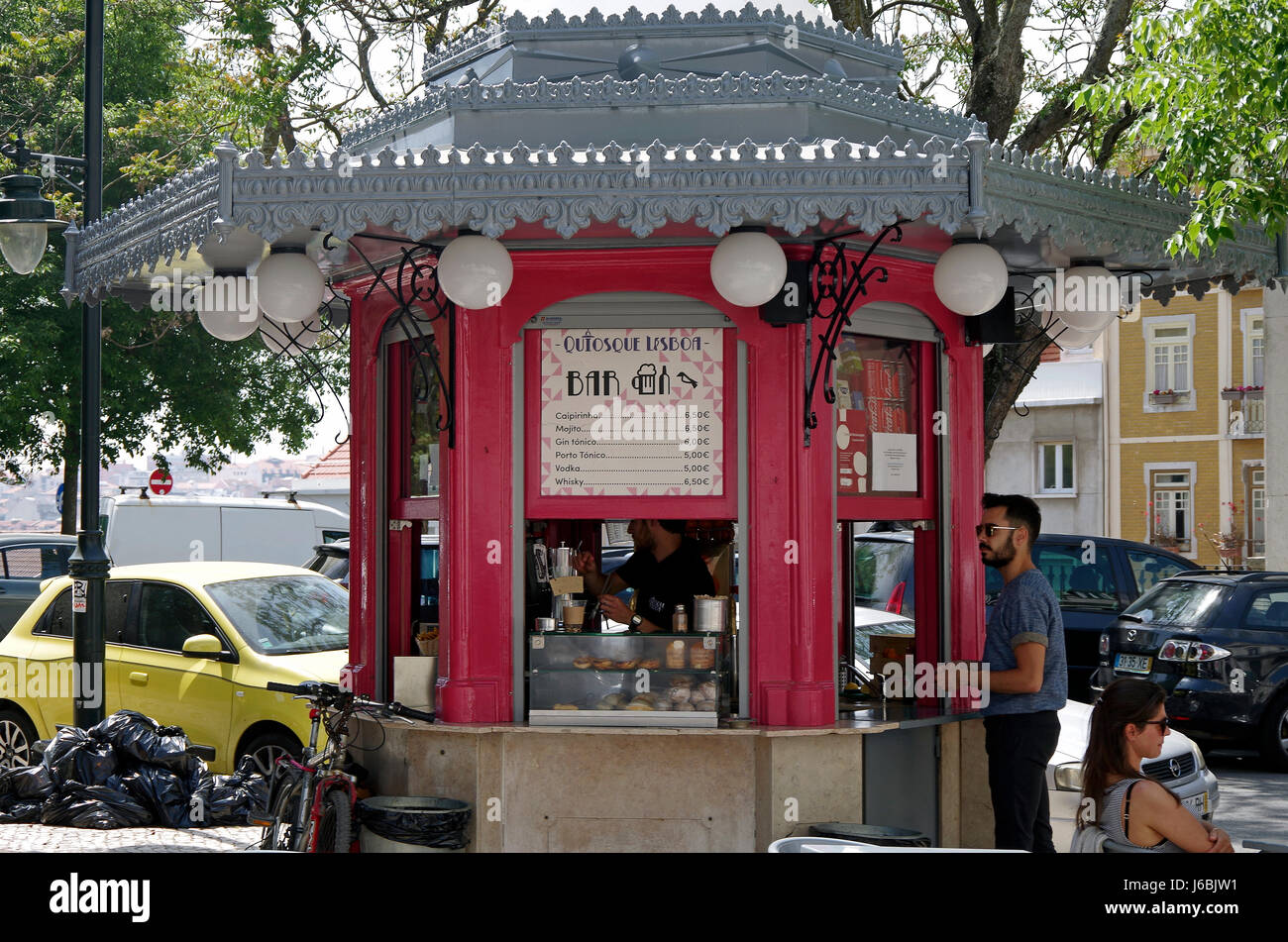 Lisbon, Portugal, Hexagonal kiosk, quiosque, selling coffee, drinks and light refreshments, in Jardim do Principe Real. Stock Photo