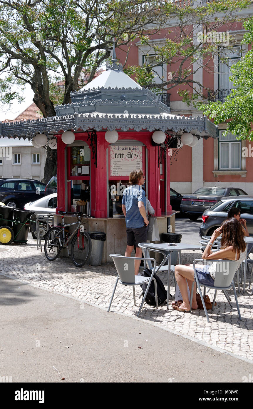 Lisbon, Portugal, Hexagonal kiosk, quiosque, selling coffee, drinks and light refreshments, in Jardim do Principe Real. Stock Photo