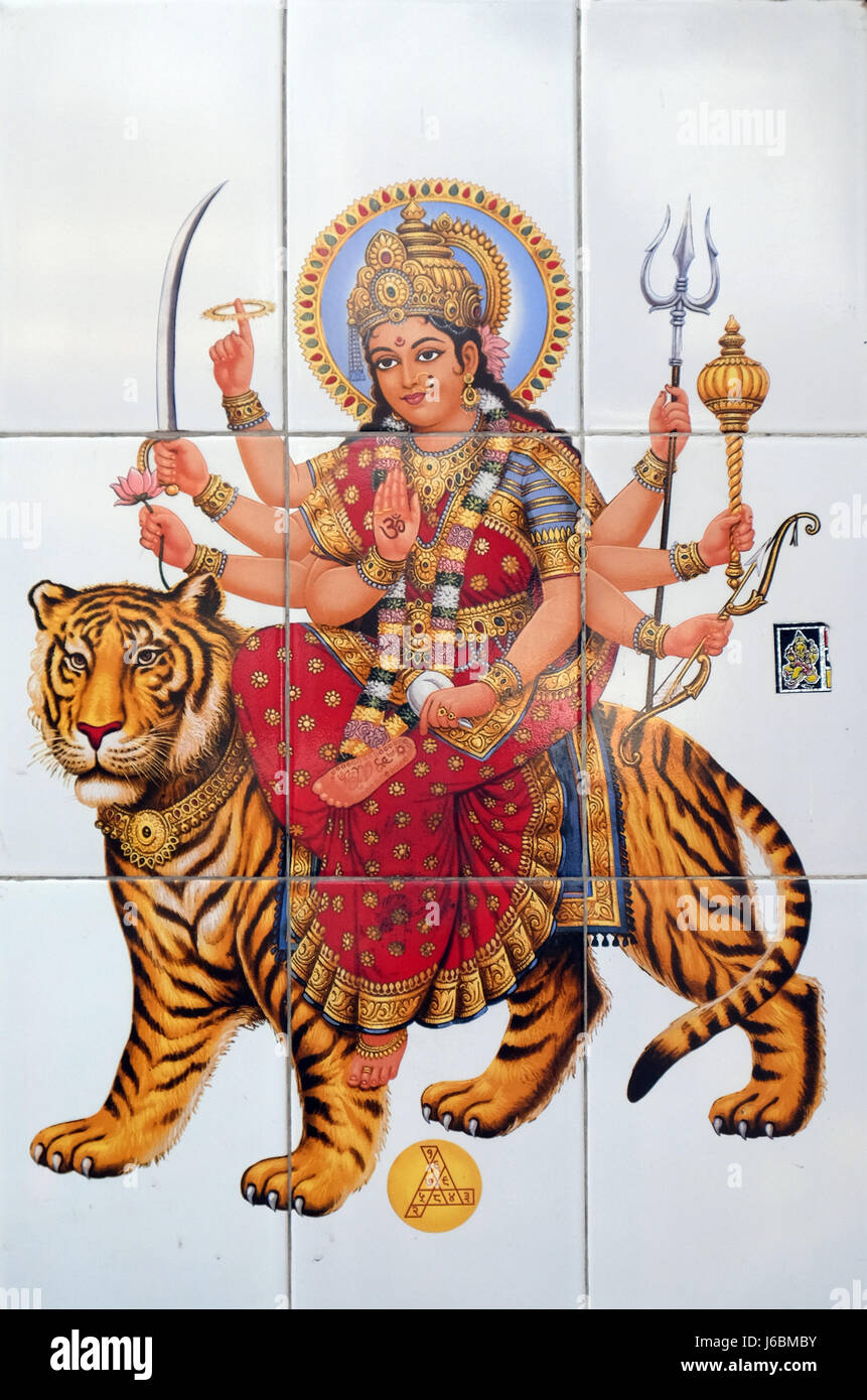 colorful illustration of hindu goddess durga on the wall in kolkata J6BMBY