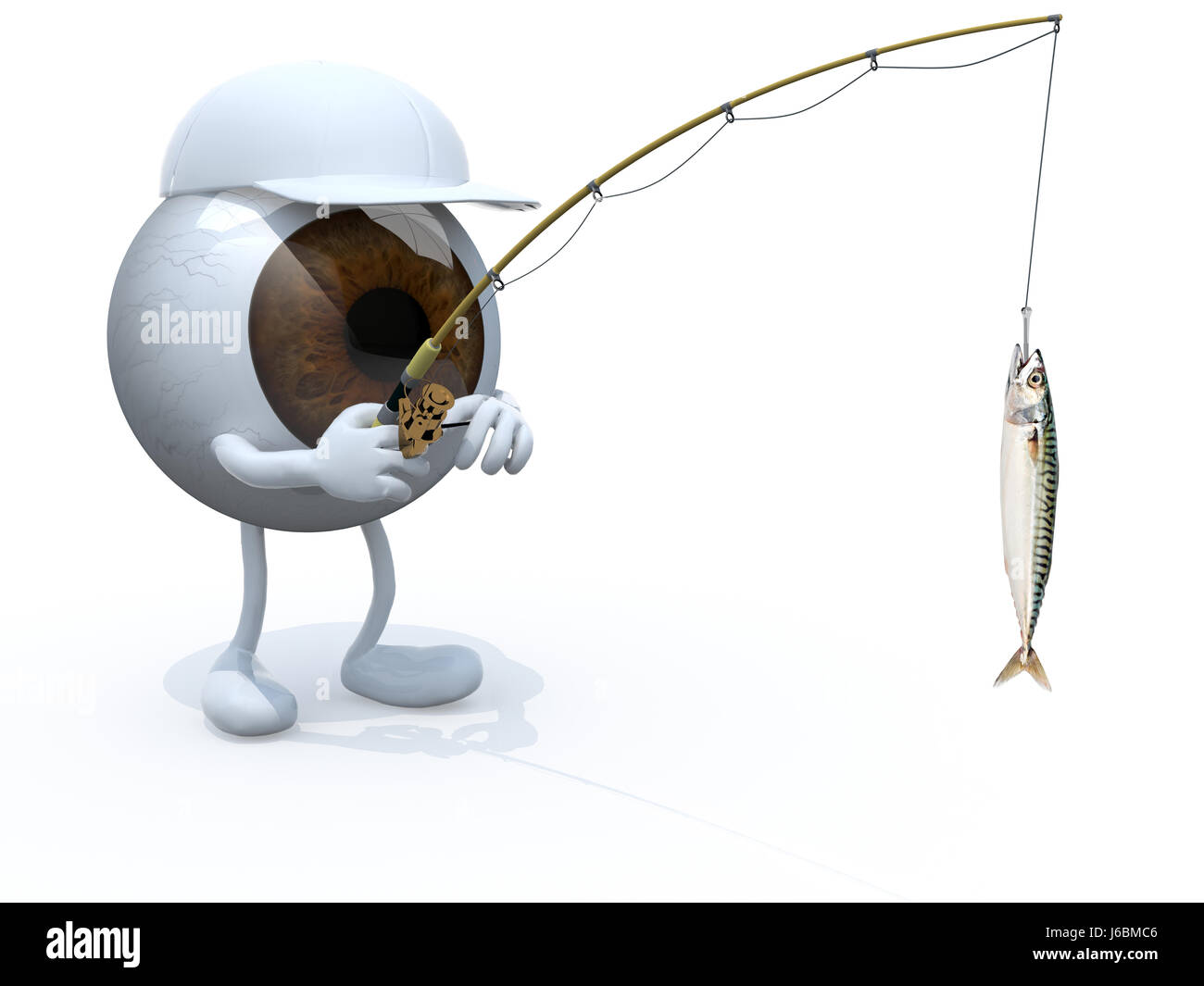 big eyeball with arms, legs, fishing pole on hand and fish on hook, 3d illustration Stock Photo