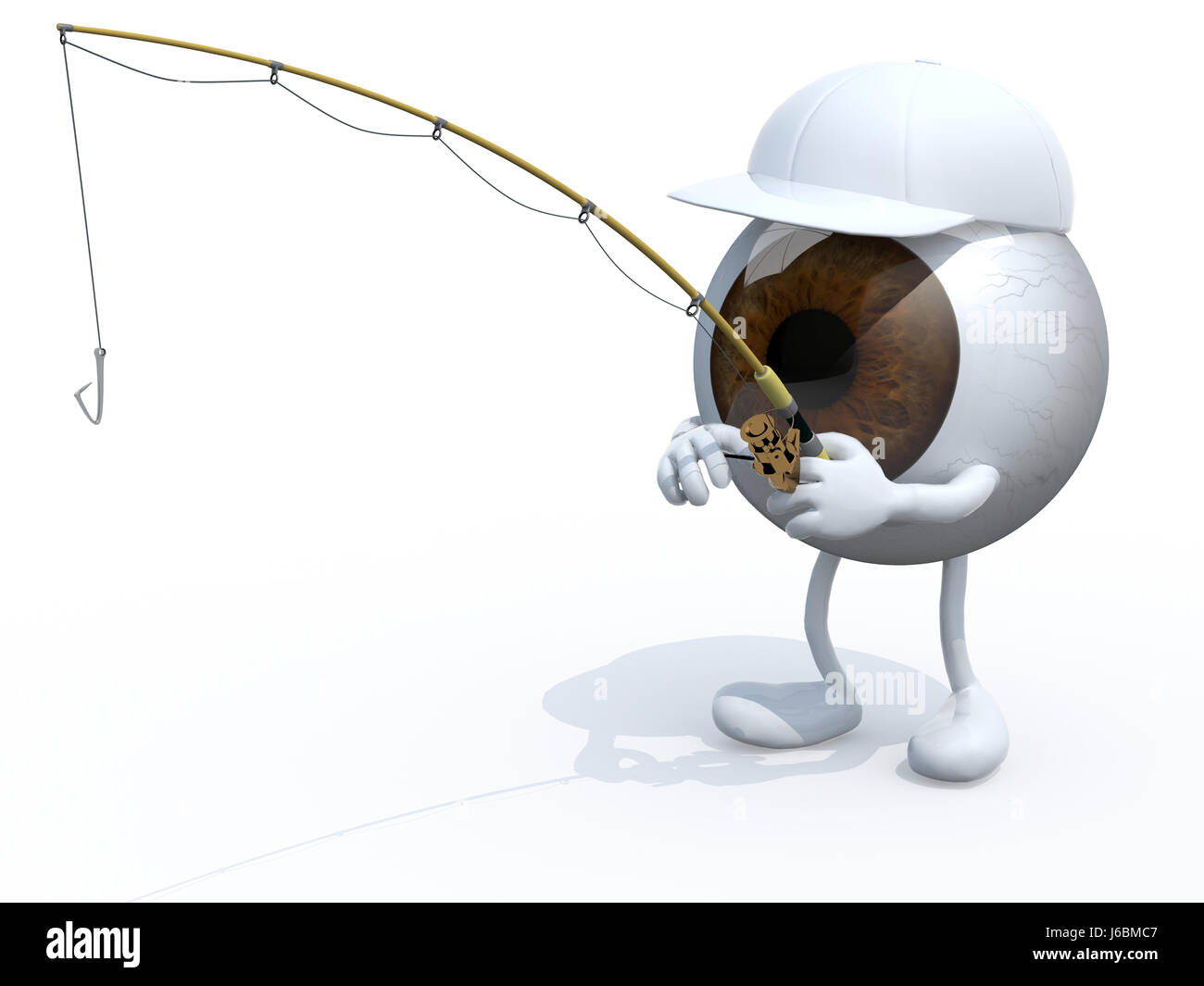 big eyeball with arms and legs and fishing pole on hand, 3d illustration Stock Photo