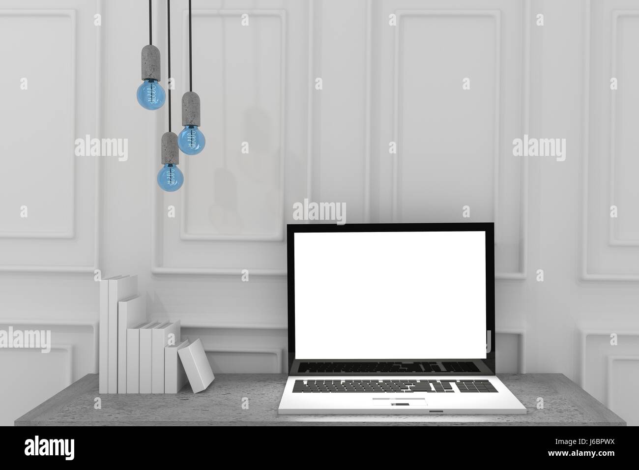mock up laptop with lightbulb in white room in 3D rendering Stock Photo