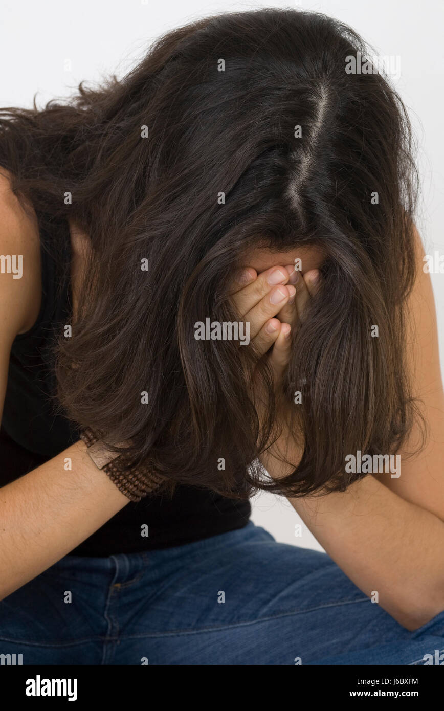woman loneliness depression tired headache insulation colour picture toothache Stock Photo