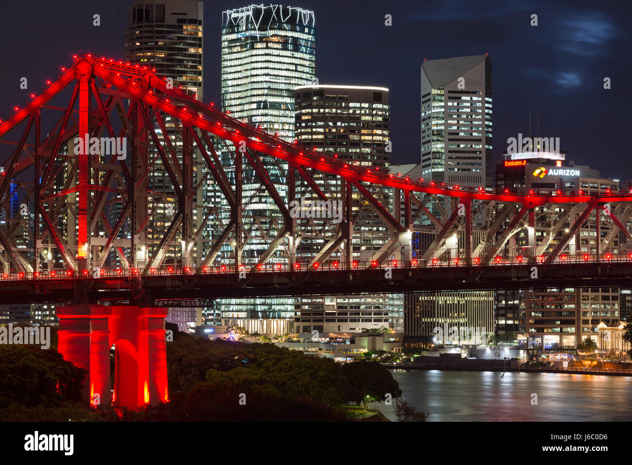 Story Bridge lit up after dark, Brisbane, Queensland, Australia. Stock Photo