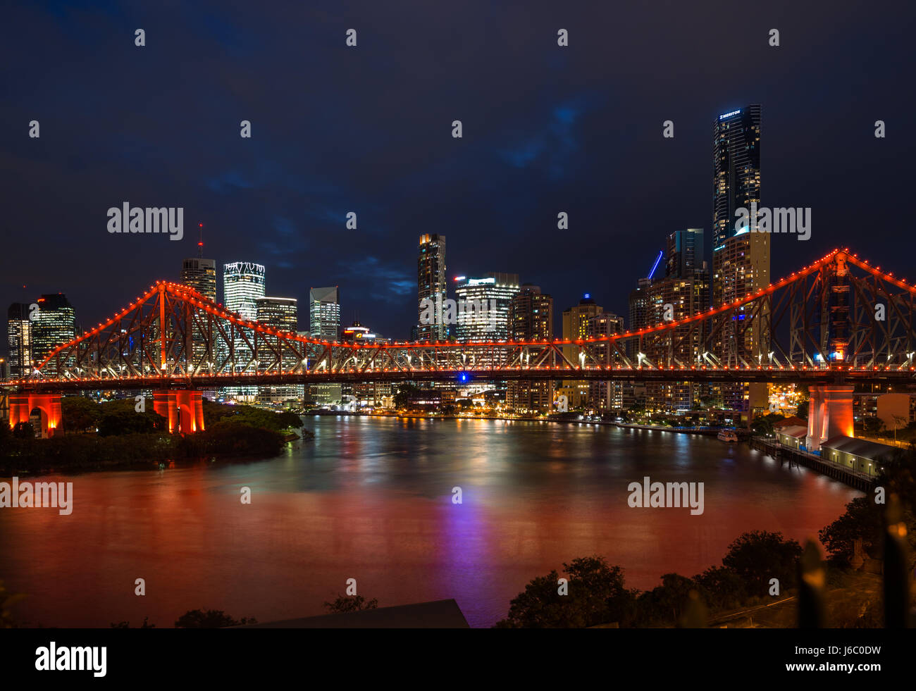 Story Bridge lit up after dark, Brisbane, Australia. Stock Photo