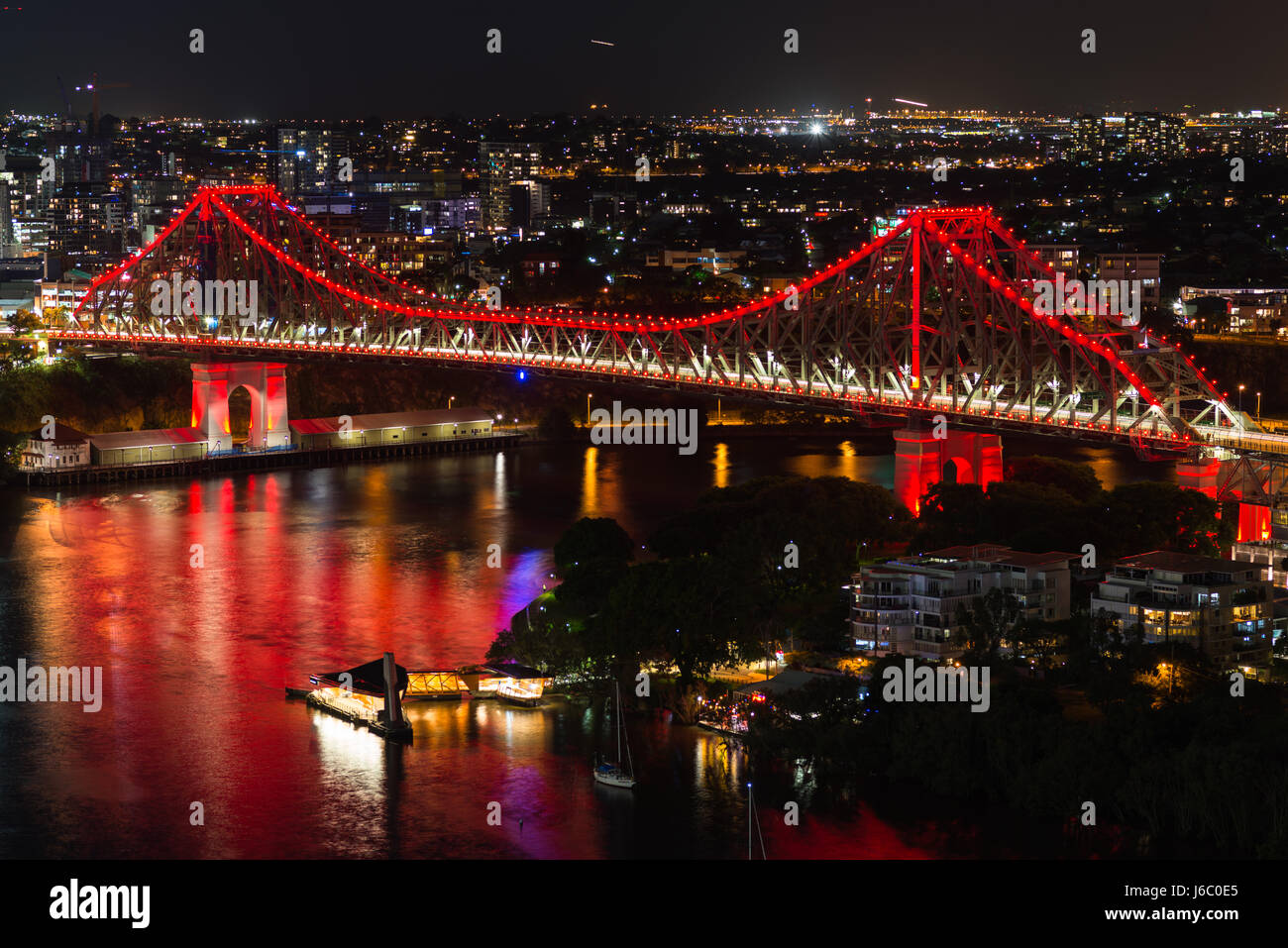 Story Bridge lit up after dark, Brisbane, Australia. Stock Photo