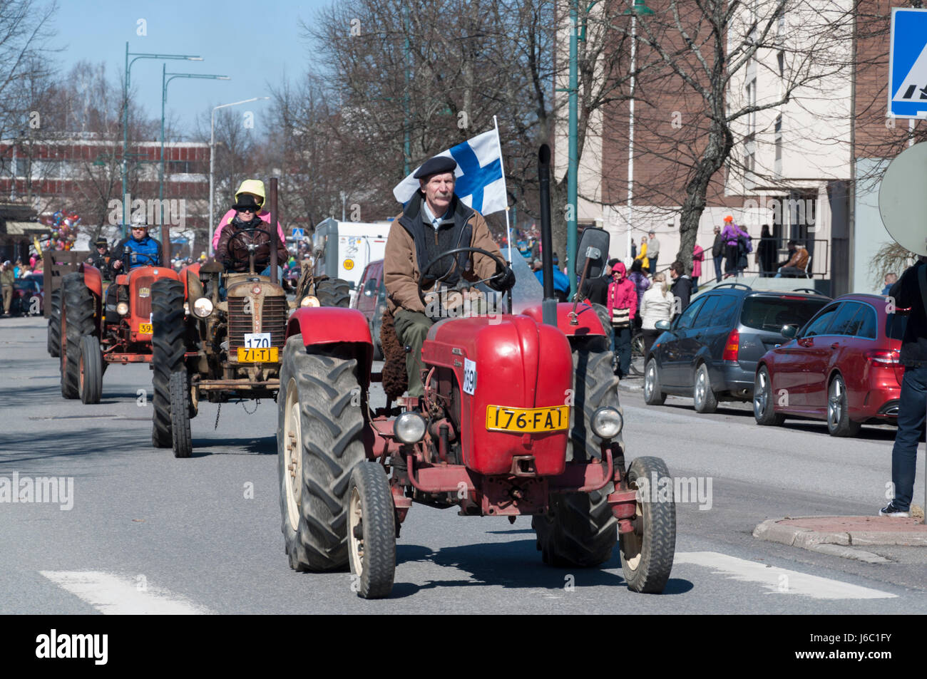 Vintage Tractor May Day Parade in Finland Stock Photo