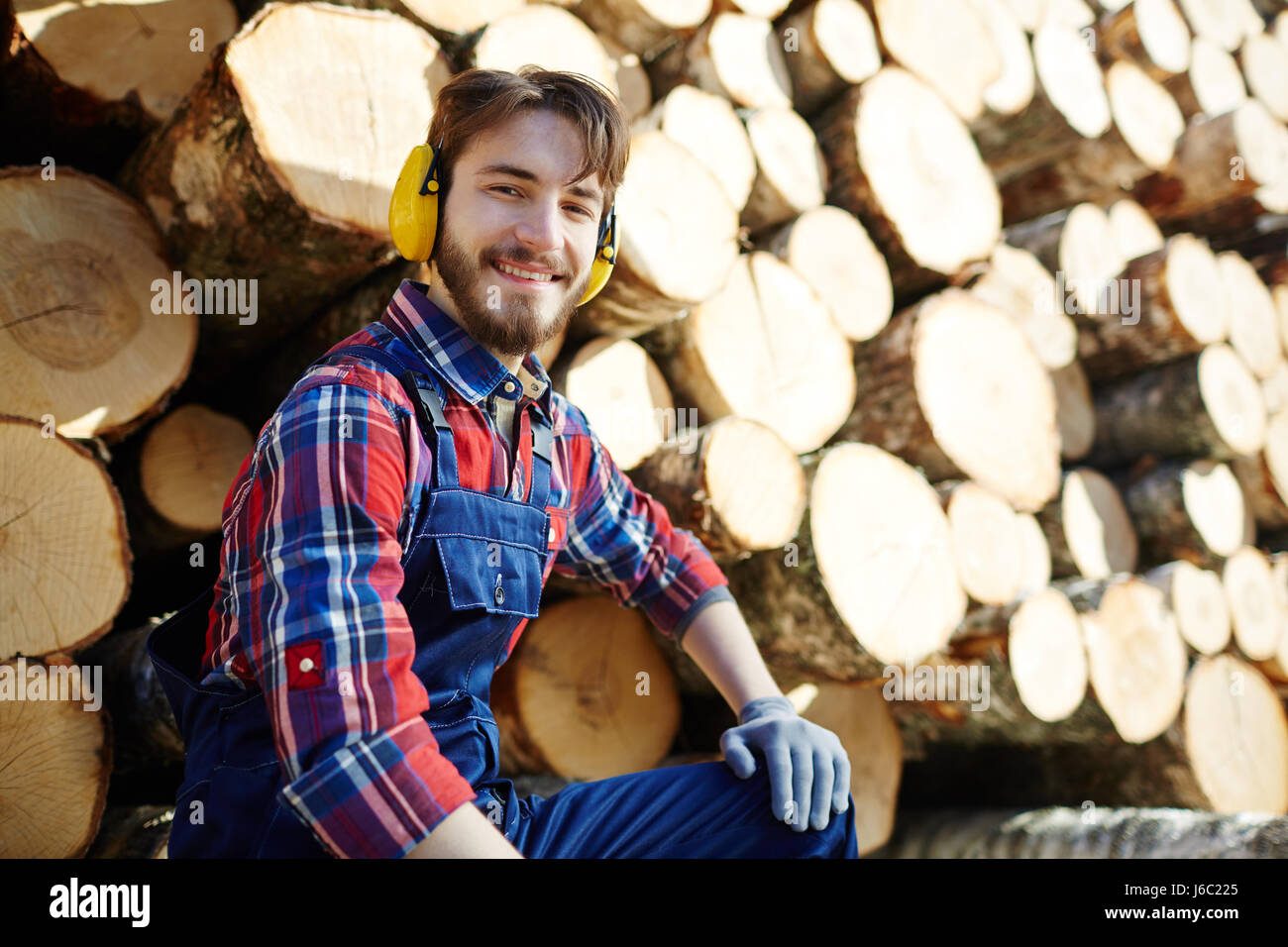 Portrait of man wearing earmuffs looking at camera and smiling while working on timber cutting site, sitting against pile of logs Stock Photo