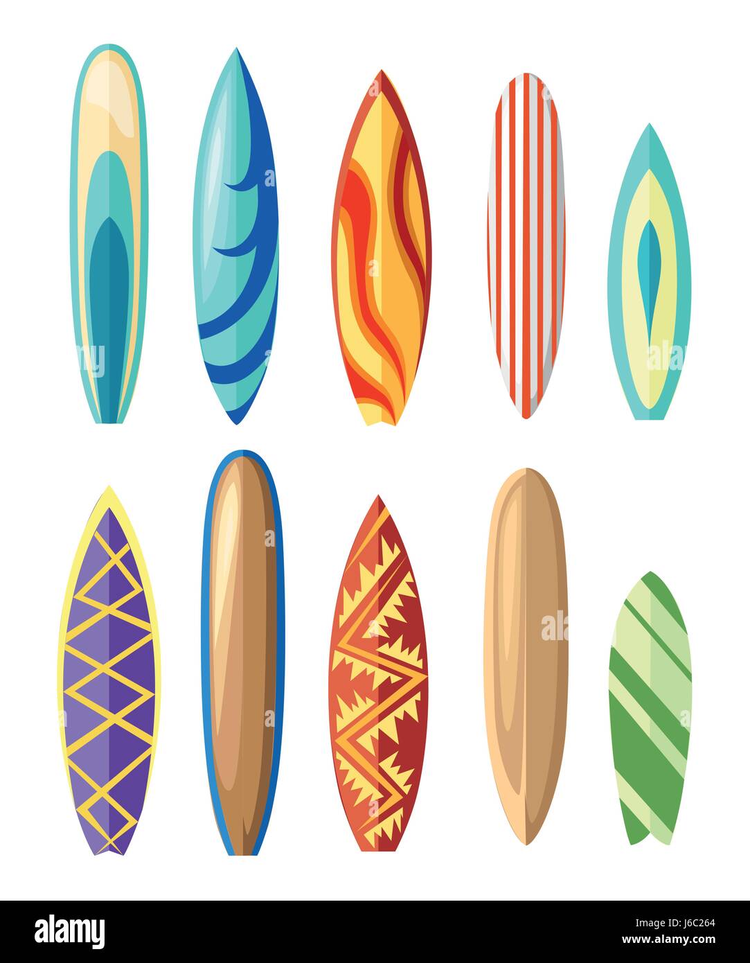 Vector surfboard illustration in flat style design Isolated on white background Color surfboard set. Sea extreme sport pattern. Vector illustration. Stock Vector