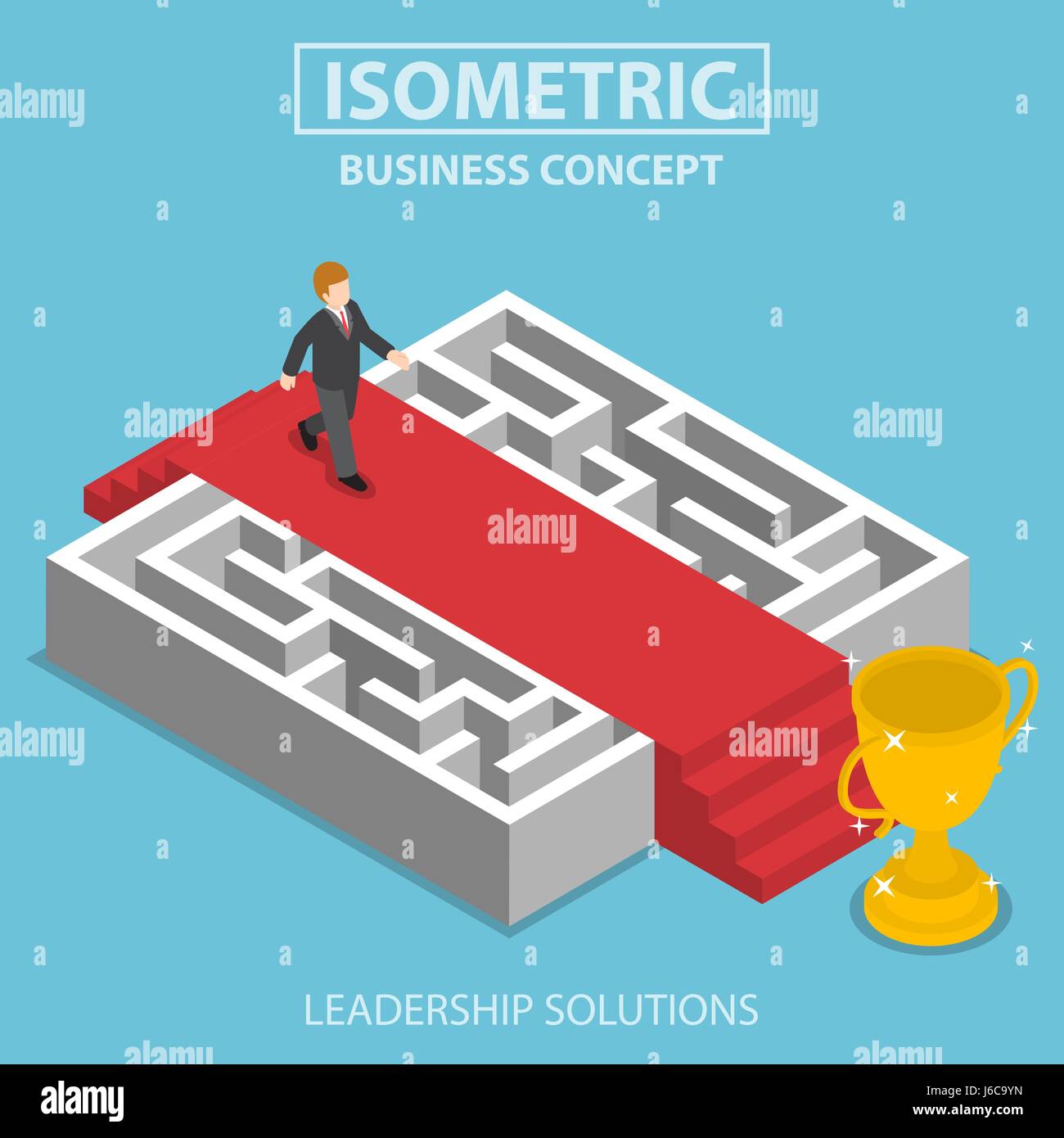 Flat 3d isometric businessman walking on red carpet over the maze ...