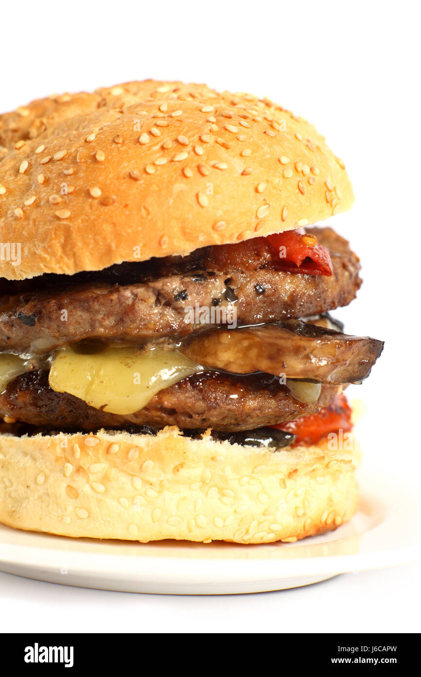 vertical mushroom fungus cheese hamburger burger patty beef food aliment macro Stock Photo Alamy
