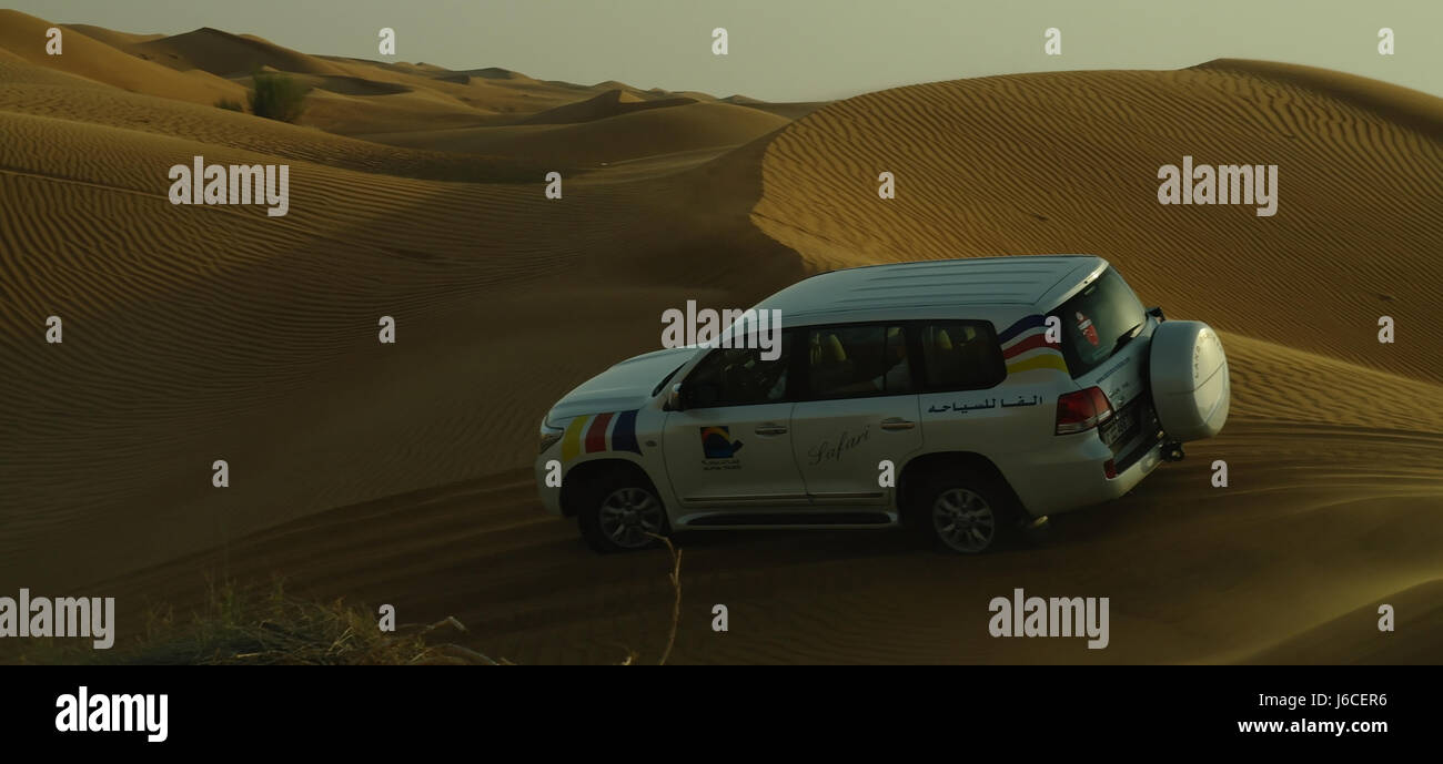 Evening view 4x4 Alpha Tours Desert Safari land-cruiser crossing hot desert sand dunes, Dubai, United Arab Emirates Stock Photo