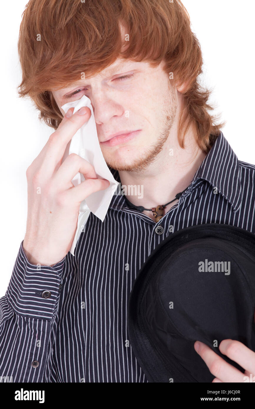 hat sad mourn redheaded weep cry crying weeper weeping man hand male