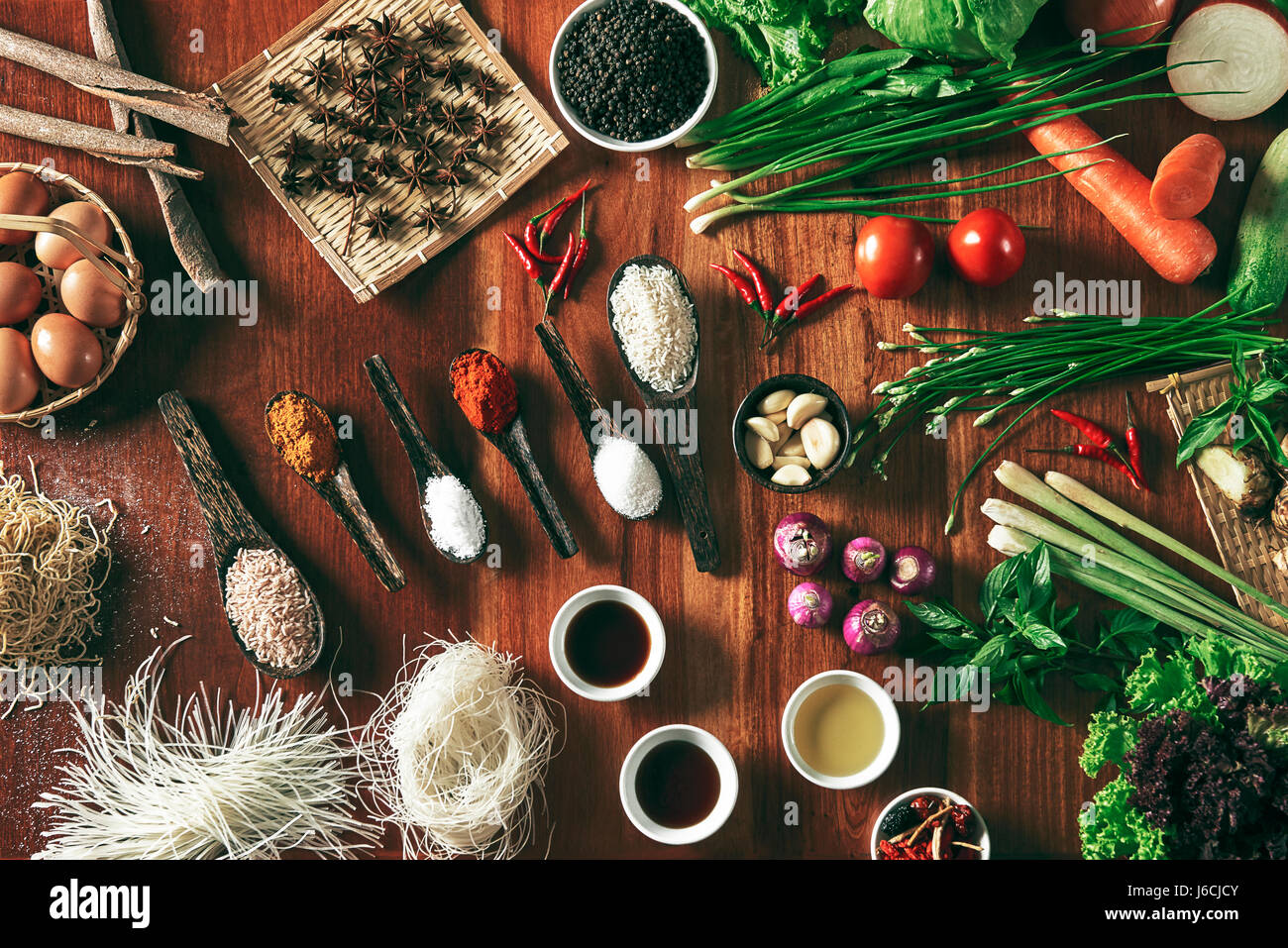 top-view of vegetables, spices, and ingredients Stock Photo