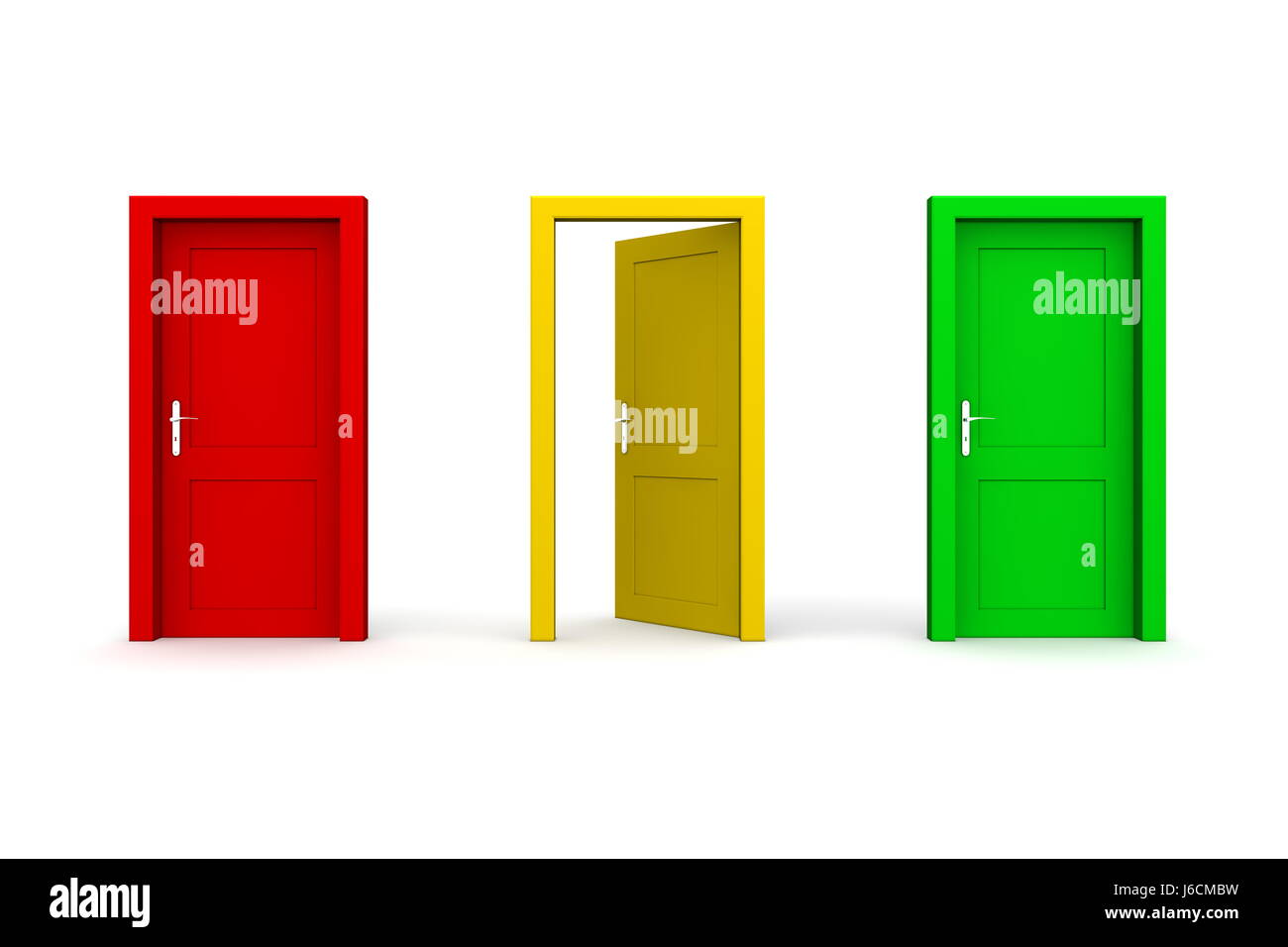 green closed three open doors one uncap red yellow object isolated