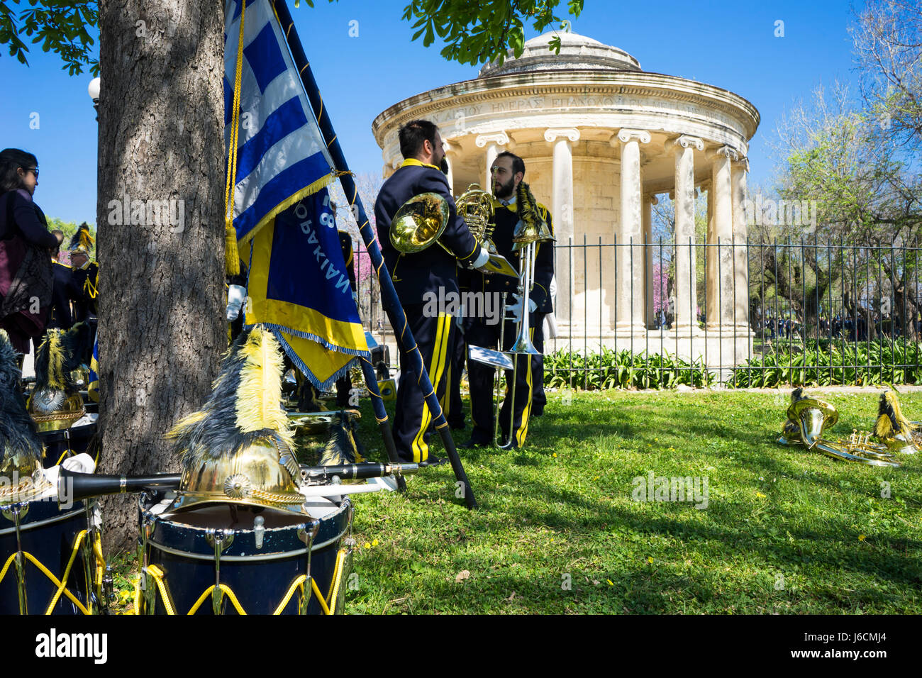 CORFU, GREECE - MARCH 25, 2017: Philharmonic musicians in the customary lament procession on the morning of national day of freedom, at the old town o Stock Photo