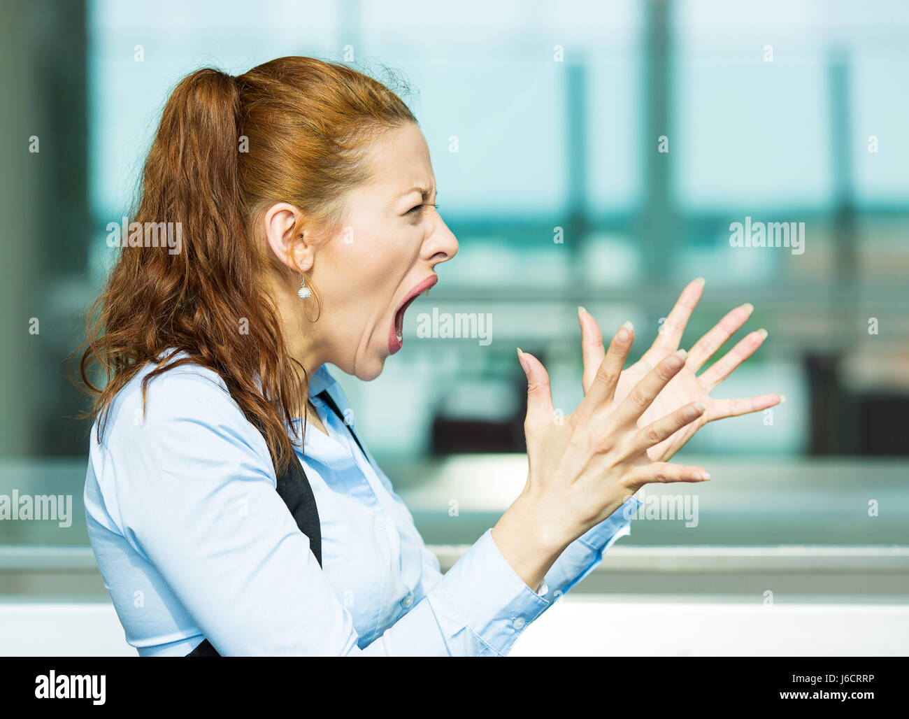 Closeup side view profile portrait mad angry, upset hostile young ...