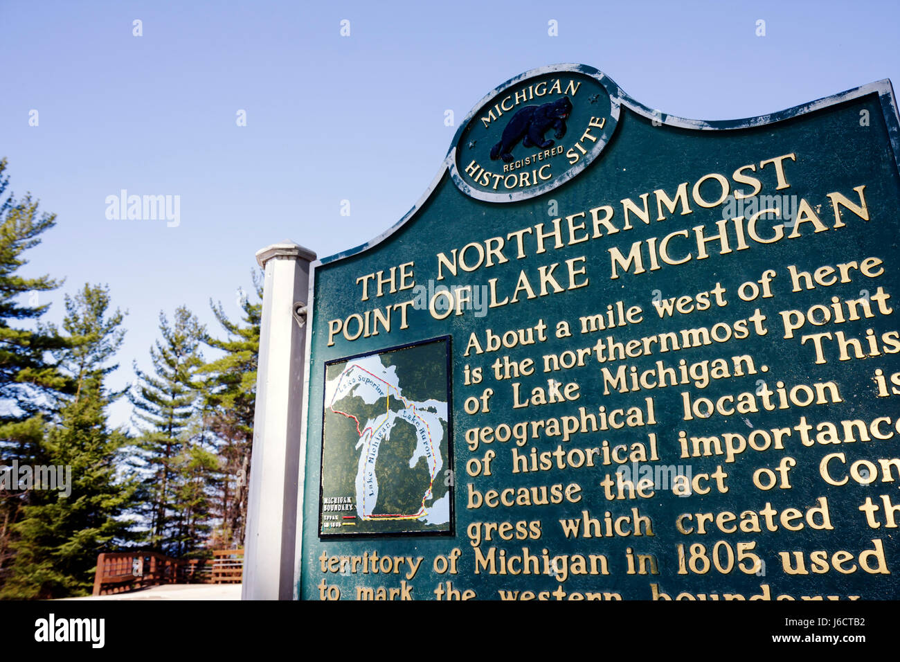 Michigan Upper Peninsula,U.P.,UP,Naubinway,Lake Michigan,northernmost point,Great Lakes,sign,marker,MI090512030 Stock Photo