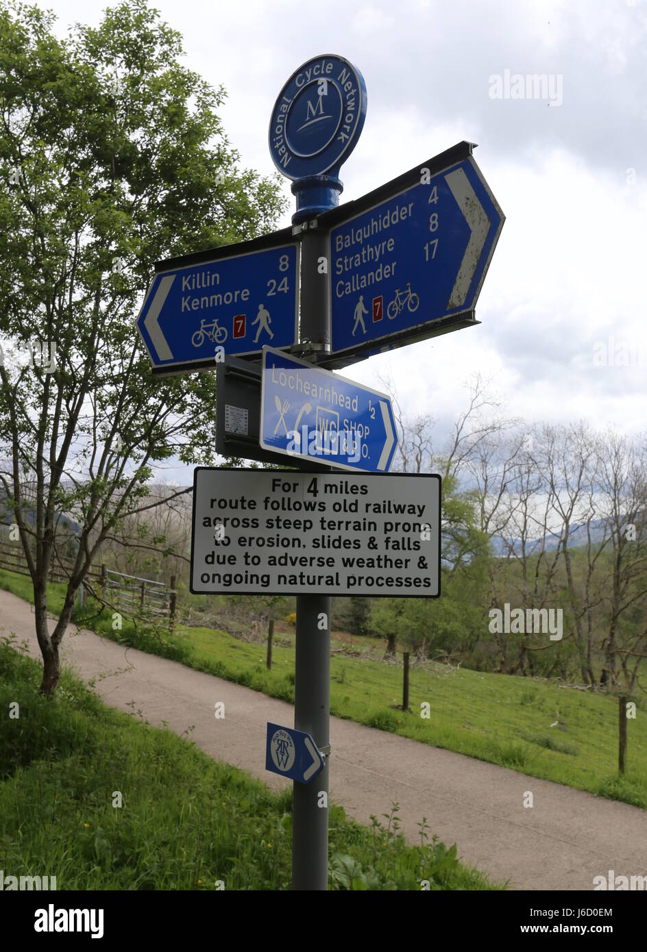 Sign on National Cycle Route 7 and Rob Roy Way near Glen Ogle Scotland May 2017 Stock Photo