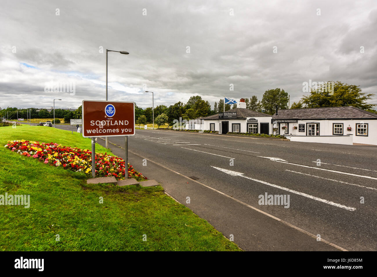 Welcome to Scotland road sign. Border England to Scotland, United Kingdom Stock Photo