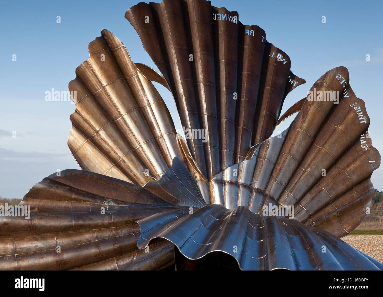 Scallop shell sculpture, Aldeburgh Beach, Suffolk, UK Stock Photo