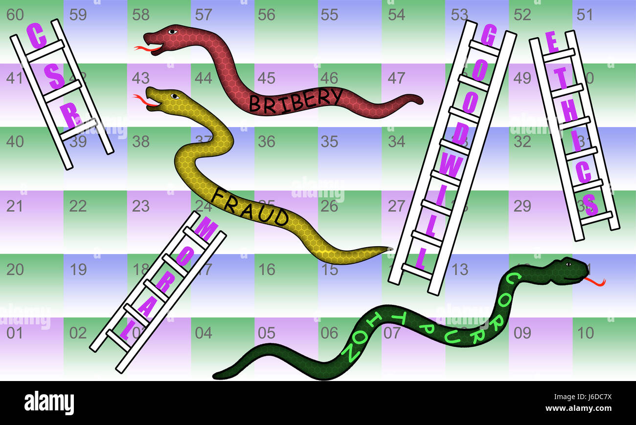 A business is shown on boardgame of Snake and ladder. If you could find the ladder of ethics, moral, goodwill you will get the growth in business. Stock Photo