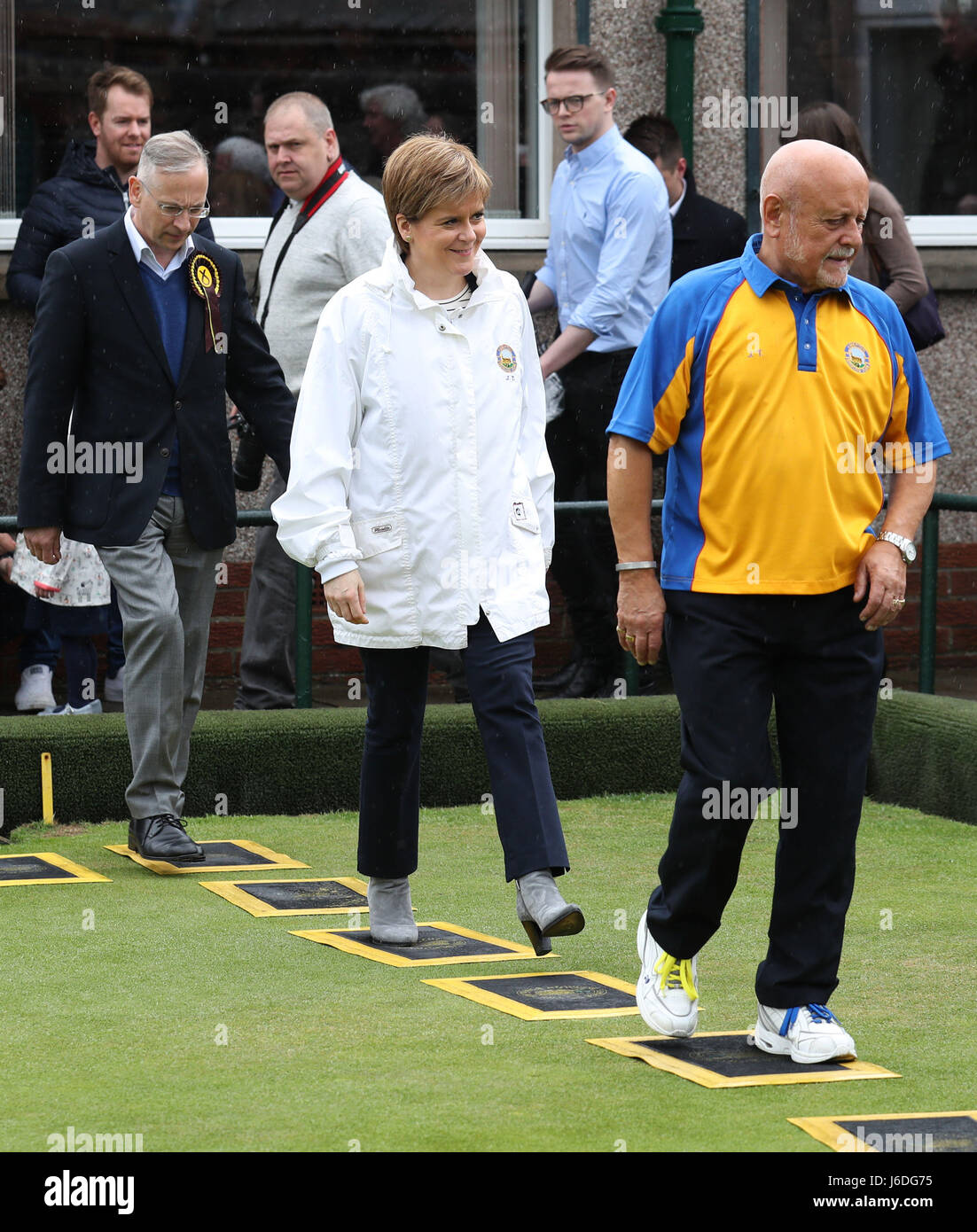 First Minister and SNP leader Nicola Sturgeon walks on the green to throw a bowl during a visit to the Liberton Bowling Club in Edinburgh South as part of the party's General Election campaign trail. Stock Photo