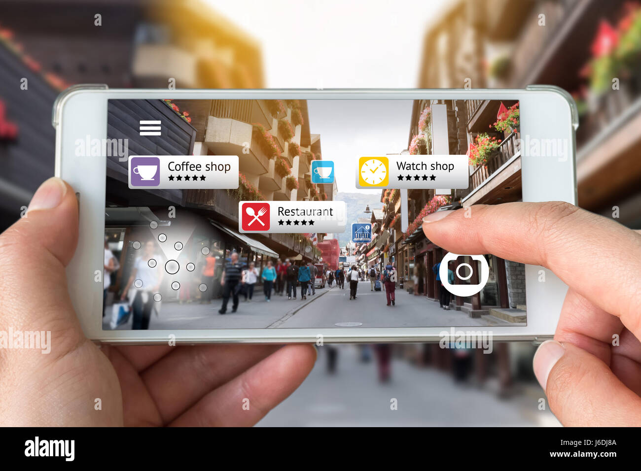 Augmented reality marketing concept. Hand holding smart phone use AR