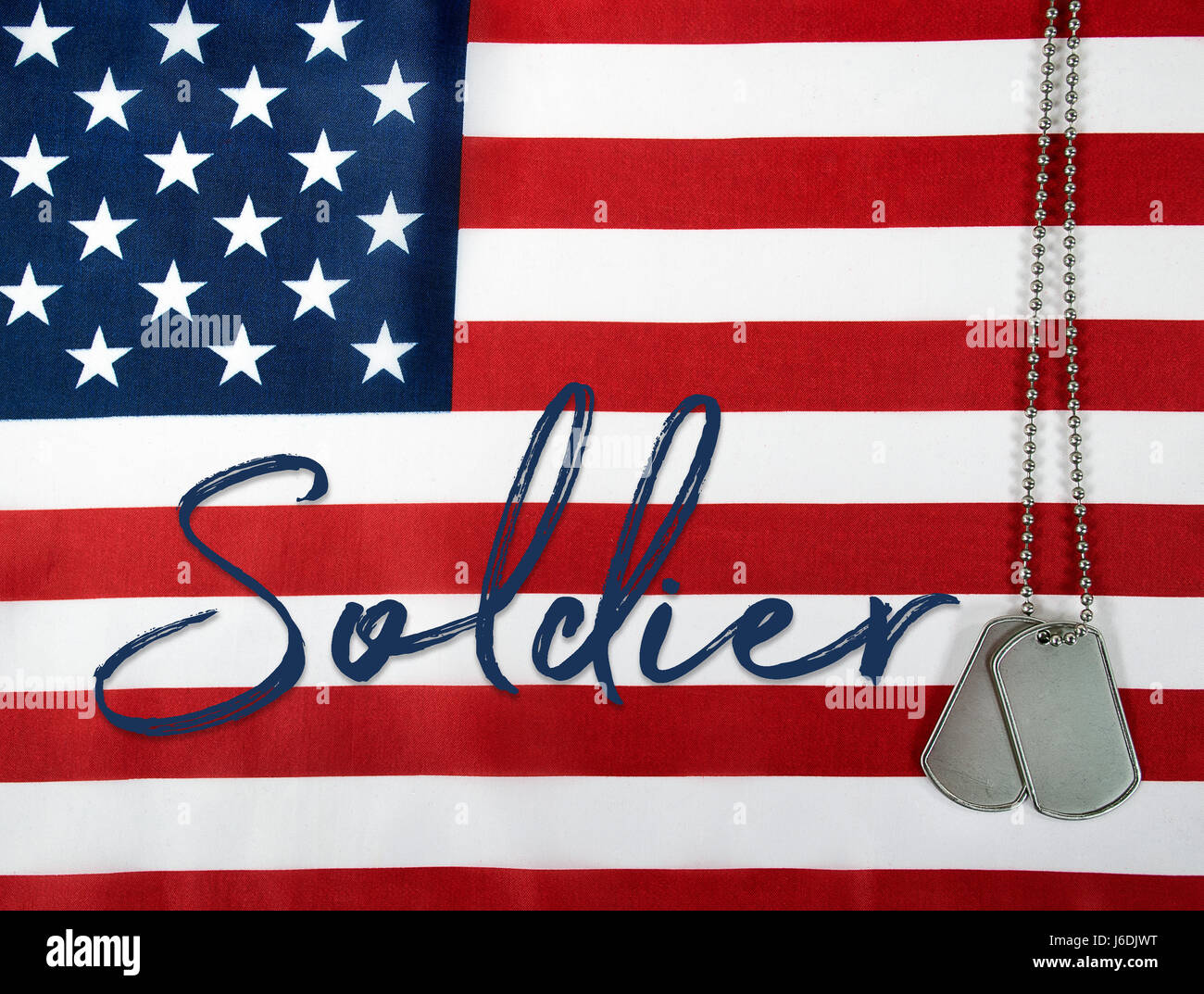 word soldier and military dog tags on American flag background Stock ...