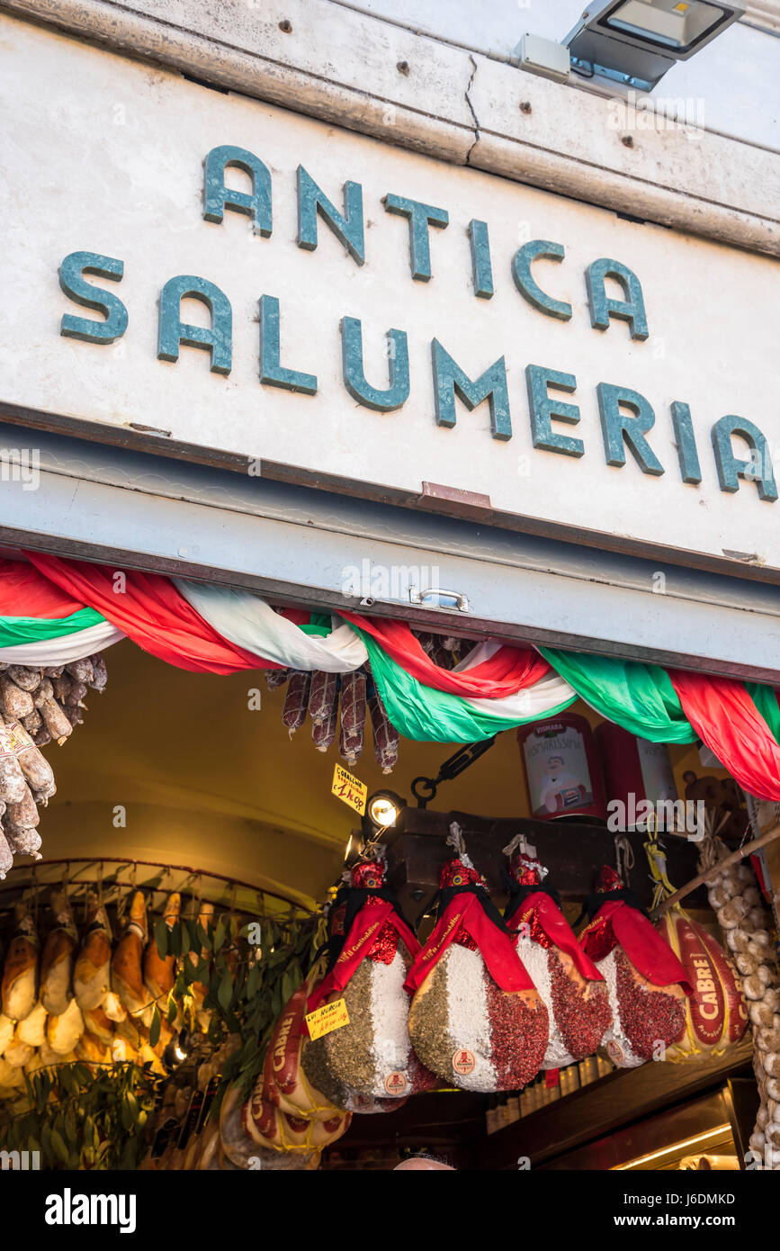 Rome Italy, the Eternal city. This is a salami shop on the piazza