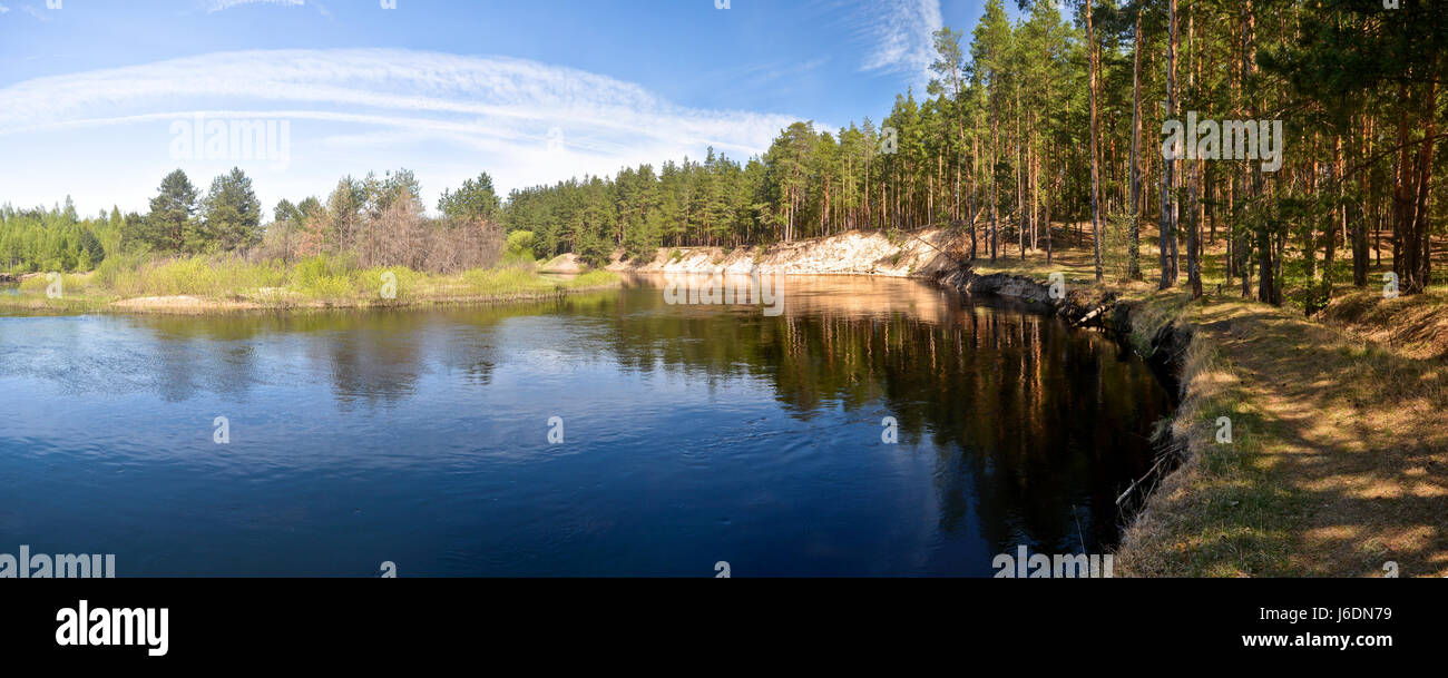 Panorama of the spring river. May water landscape in the national park ...
