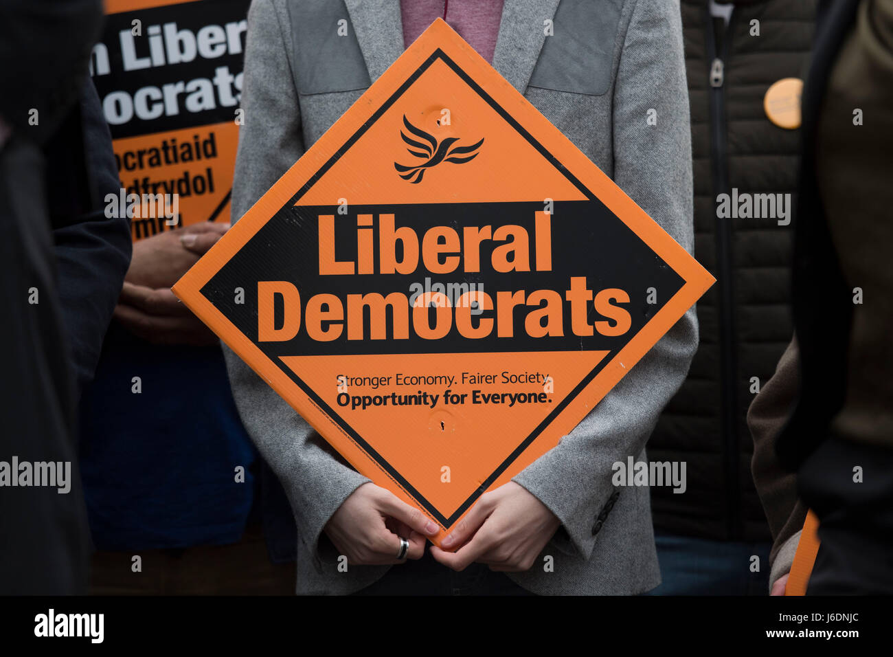 Liberal democrat placard showing the Lib Dem sign logo during a campaigning event. Stock Photo