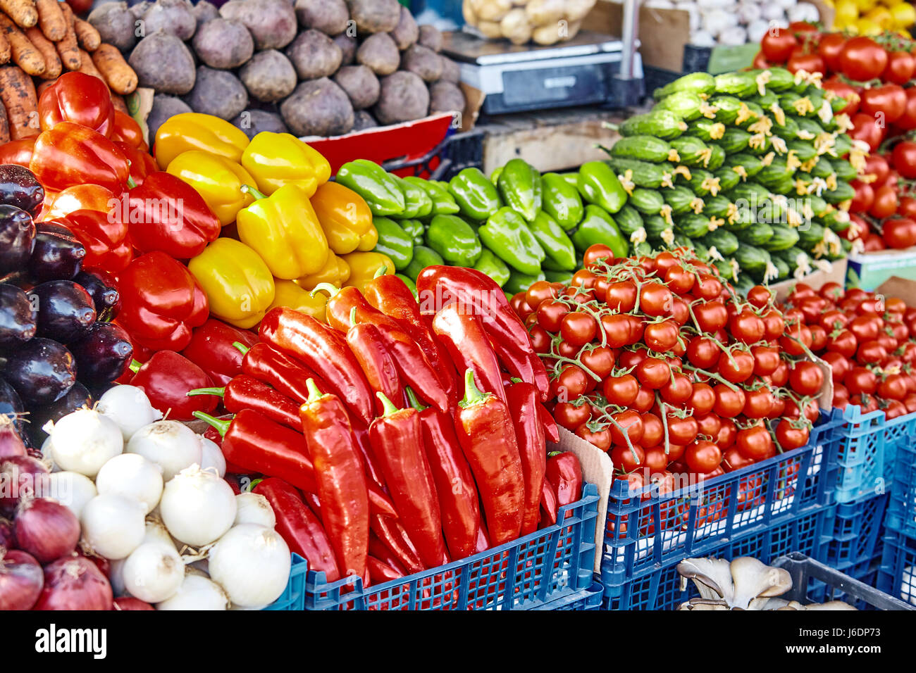 market with various colorful fresh fruits and vegetables Stock Photo ...