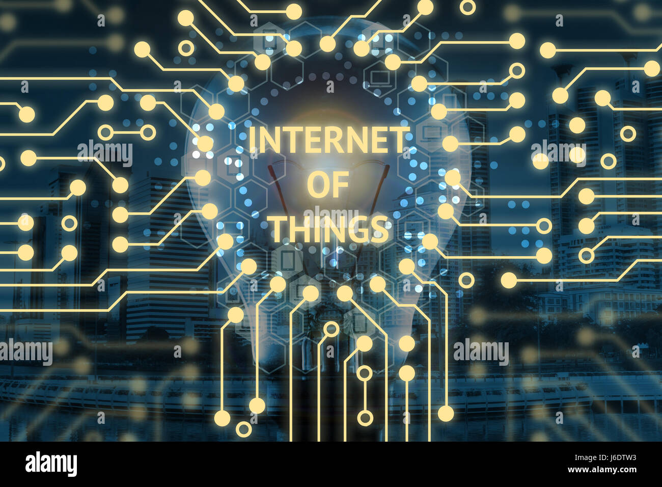 Internet of things (IoT) and digital lifestyle concept . Light bulb and Electric circuits graphic background with Infographic , texts. Stock Photo