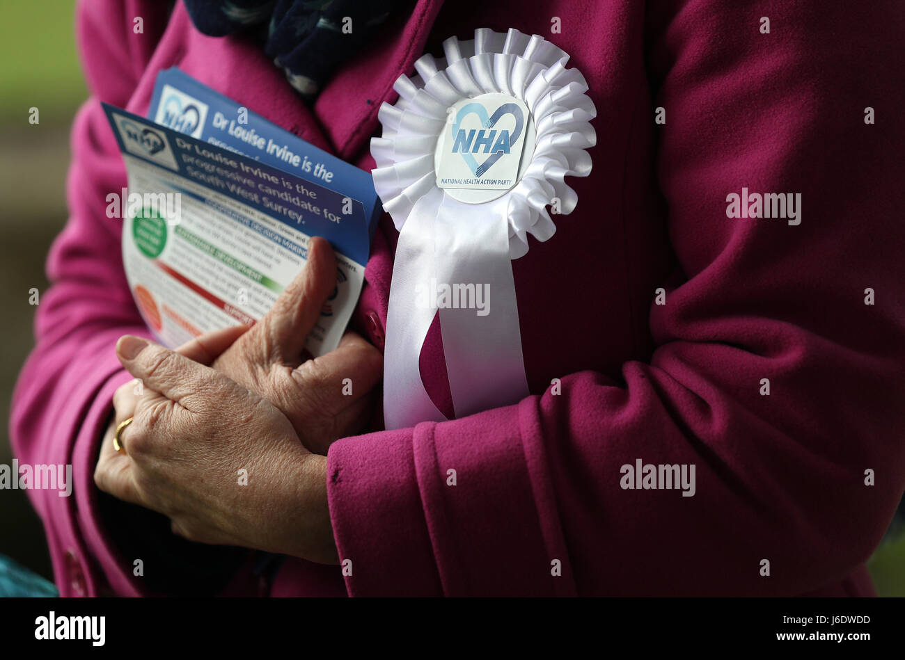 A view of the NHA rosette on the jacket of Dr Louise Irvine of the National Health Action Party, as she campaigns in Haslemere, Surrey, part of the South West Surrey Constituency where she is standing against Health Secretary Jeremy Hunt. Stock Photo