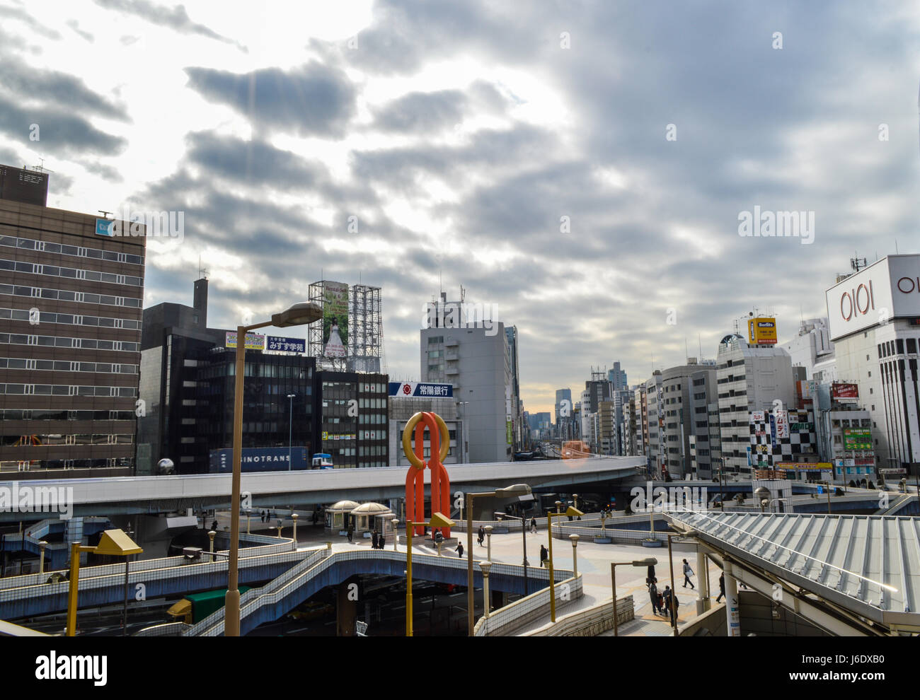 Tokyo, Japan. January 1, 2014: Ueno area . Ueno Pedestriandeck and blue sky Stock Photo