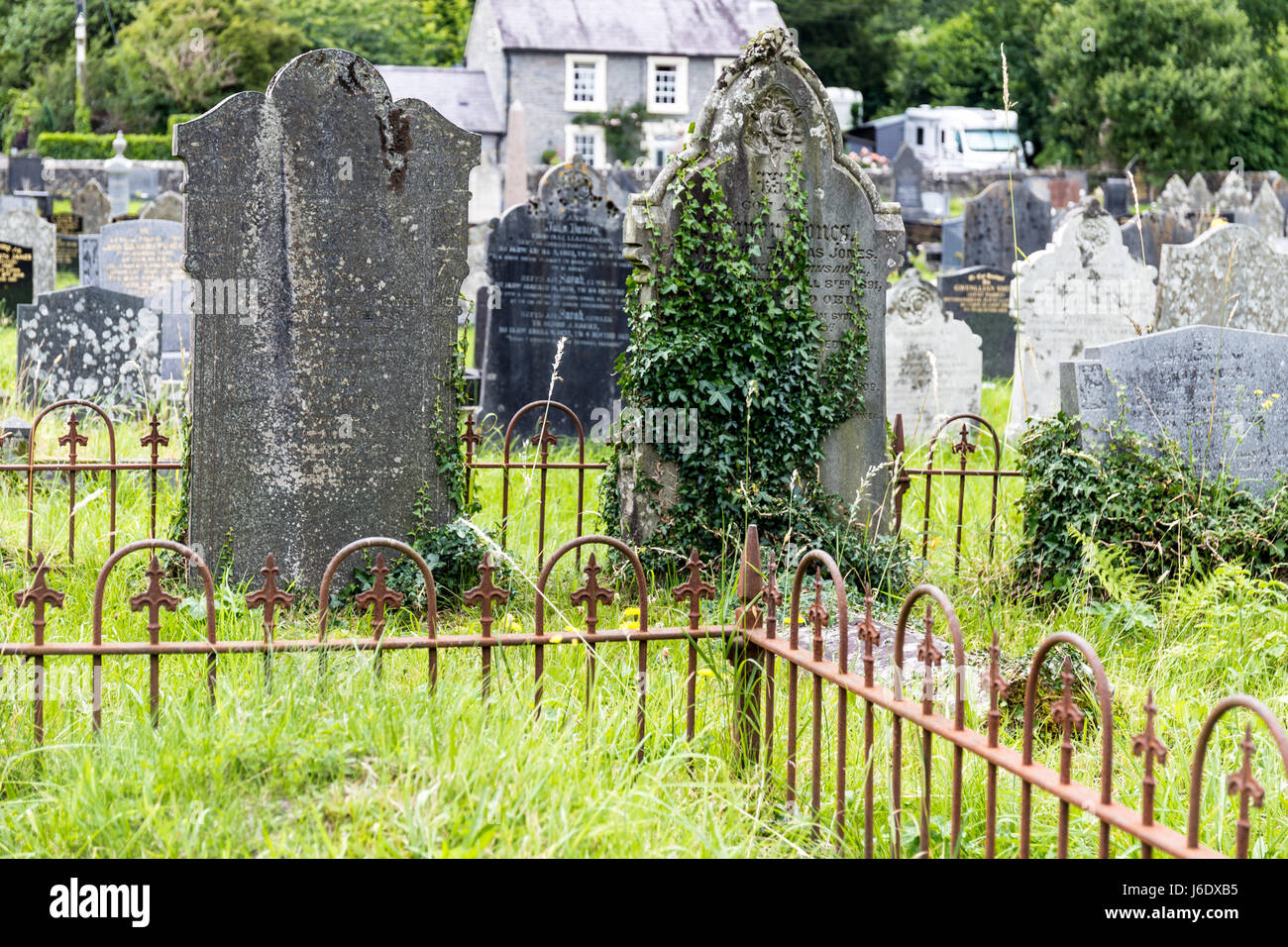 Tombstone on graveyard - Talley Abbey, Talley, Llandeilo, Wales, Great Britain, UK, Europe Stock Photo