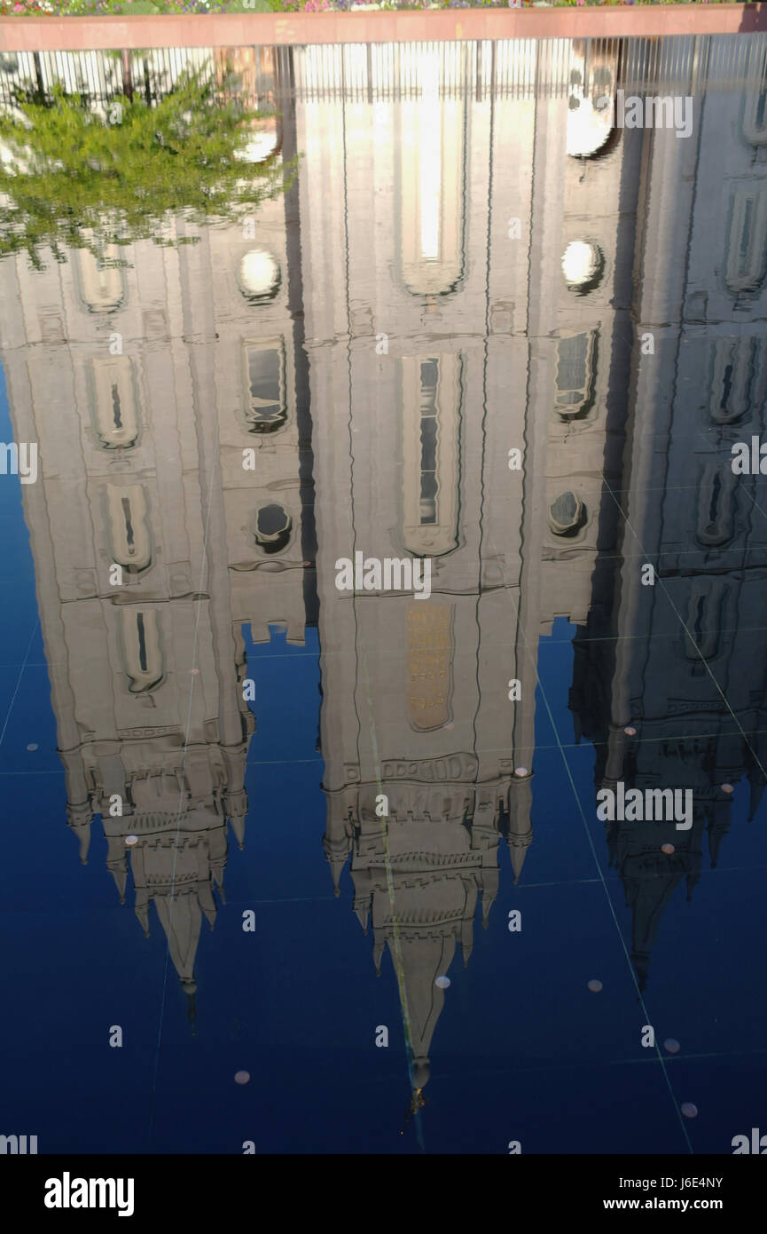 Sunny morning portrait of the eastern spires of Salt Lake Temple
